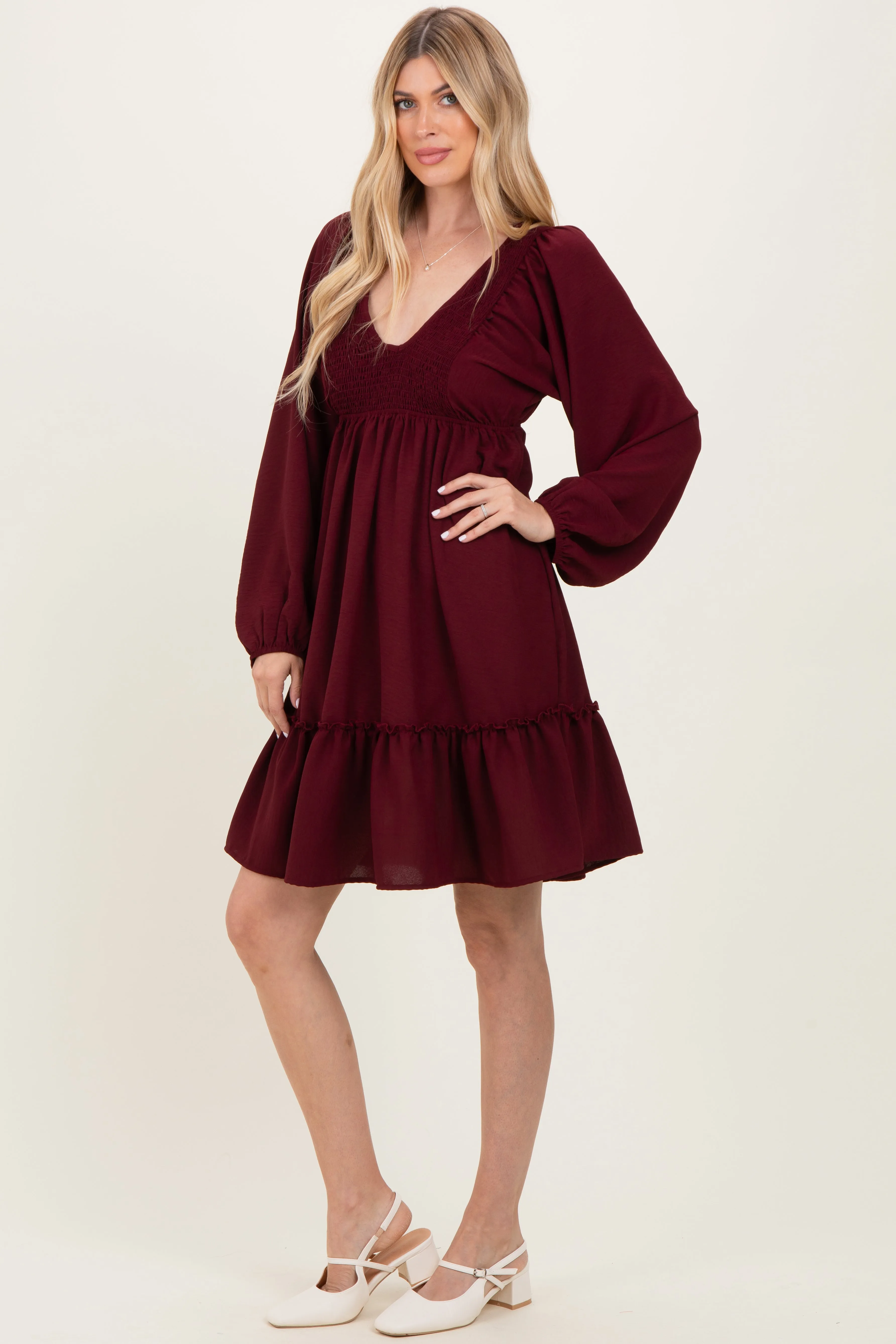 Burgundy Long Sleeve V-Neck Tiered Midi Dress sold by Pinkblush product image thumbnail 3