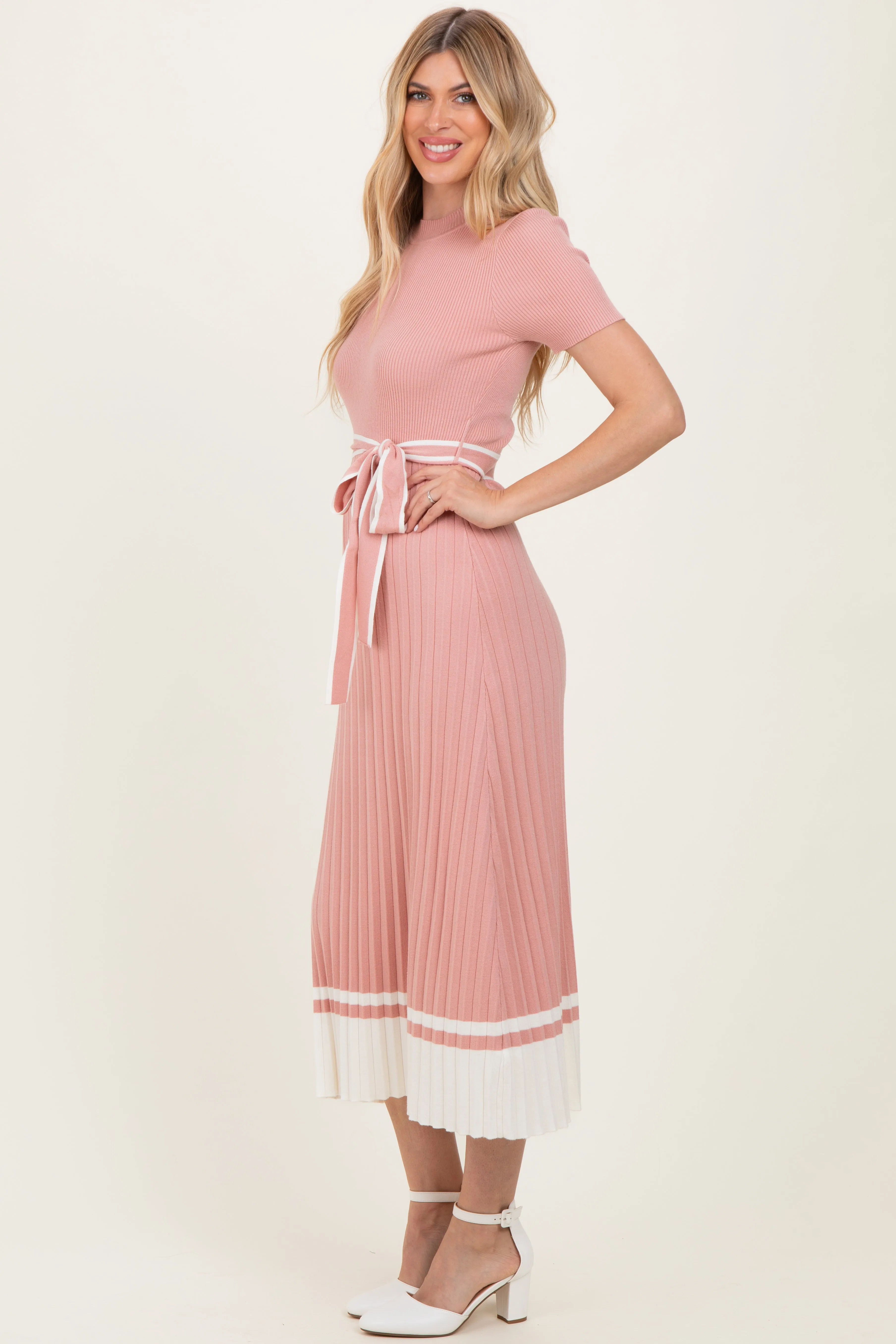 Mauve Knit Pleated Sash Tie Midi Dress sold by Pinkblush product image thumbnail 3