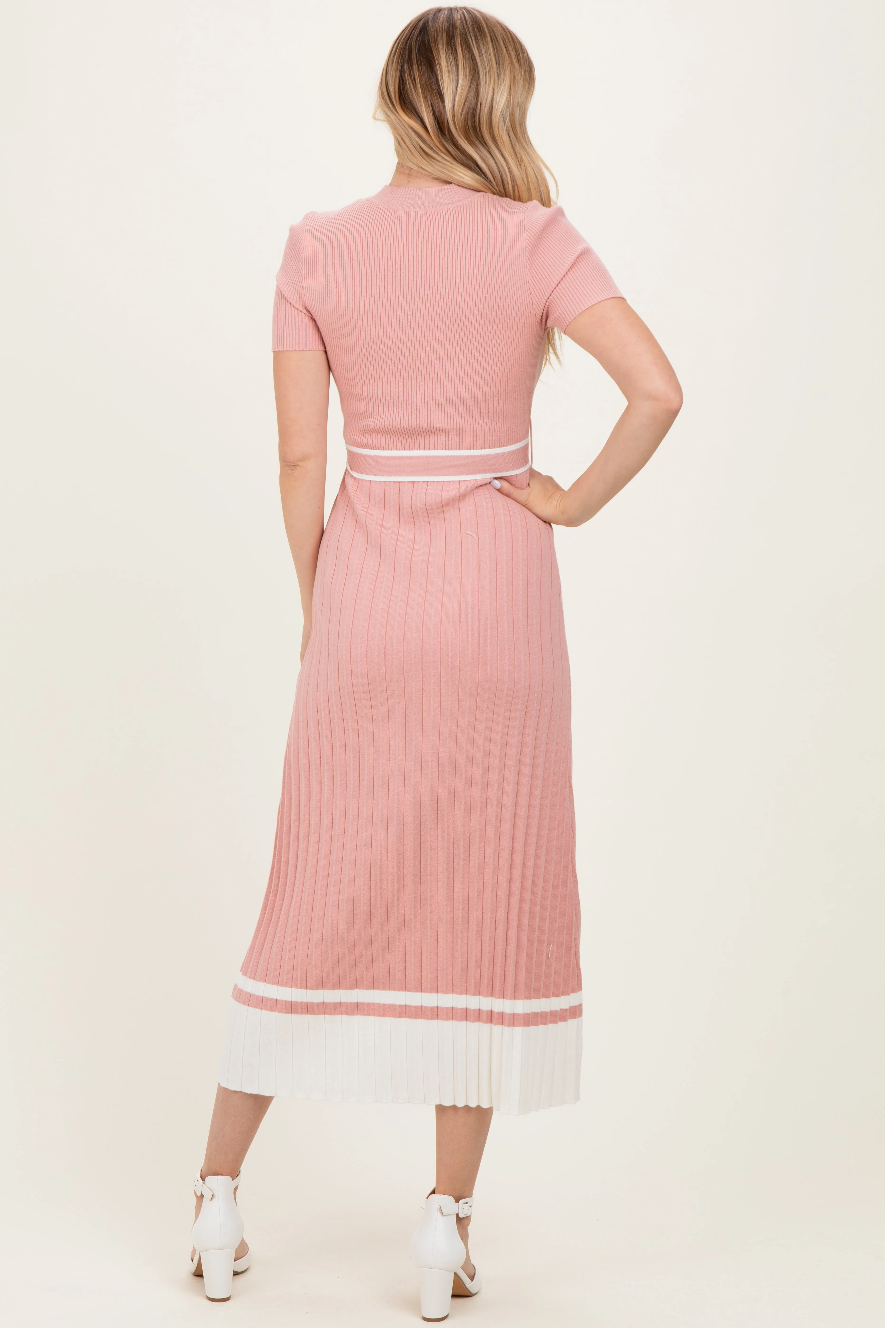 Mauve Knit Pleated Sash Tie Midi Dress sold by Pinkblush product image thumbnail 4