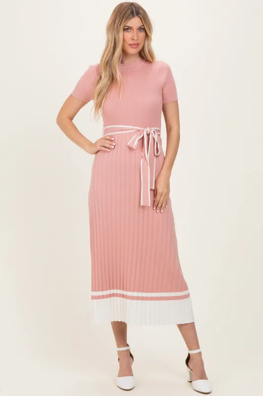 Mauve Knit Pleated Sash Tie Midi Dress made by Pinkblush