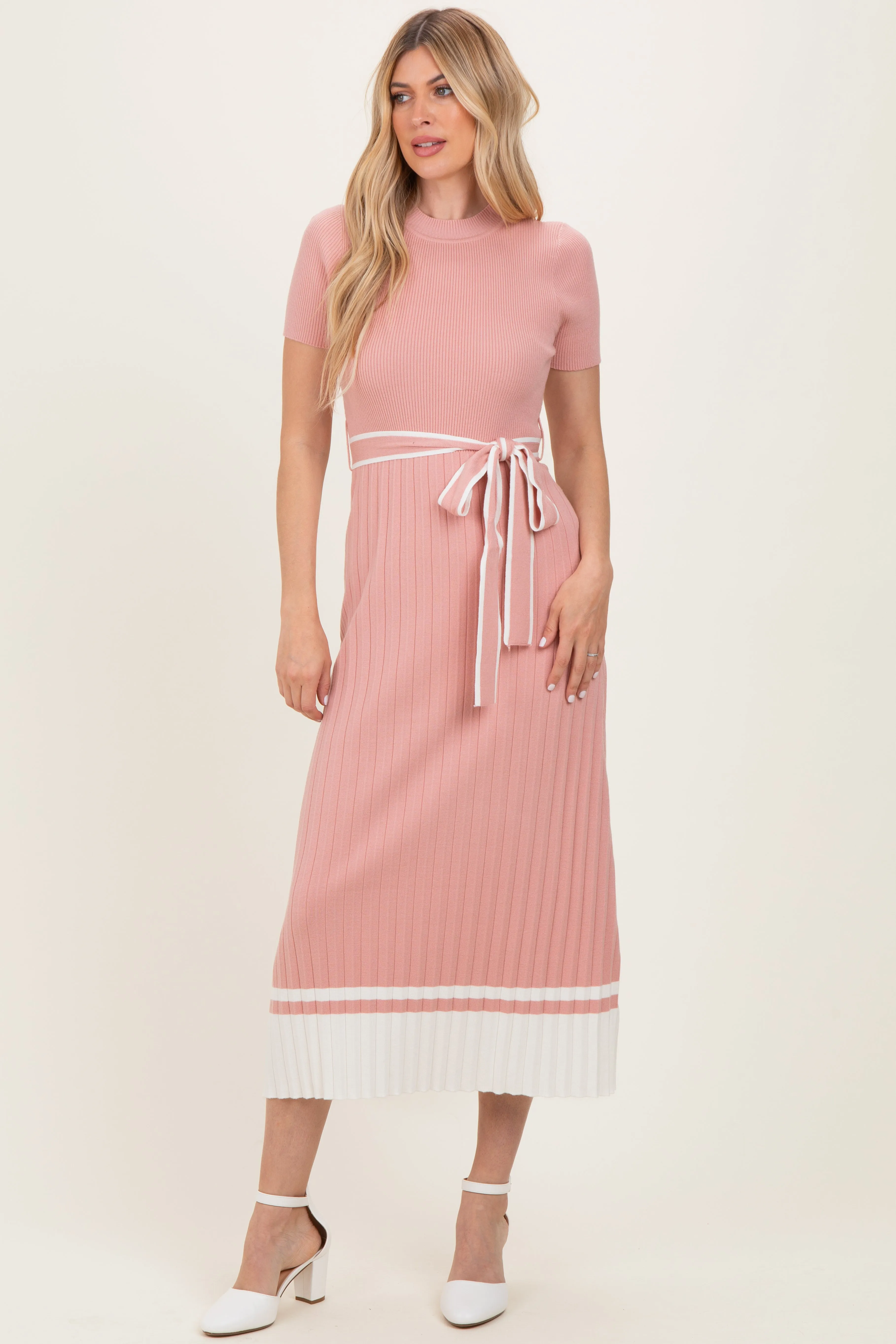 Mauve Knit Pleated Sash Tie Midi Dress sold by Pinkblush product image thumbnail 2
