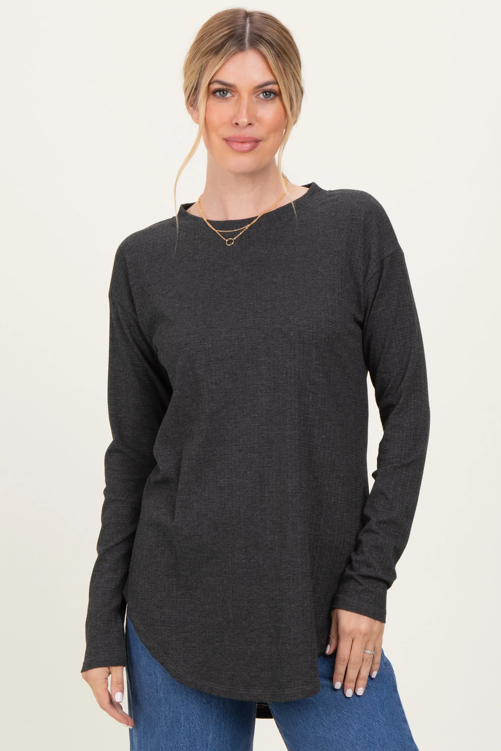 Charcoal Long Sleeve Round Hem Textured Top sold by Pinkblush