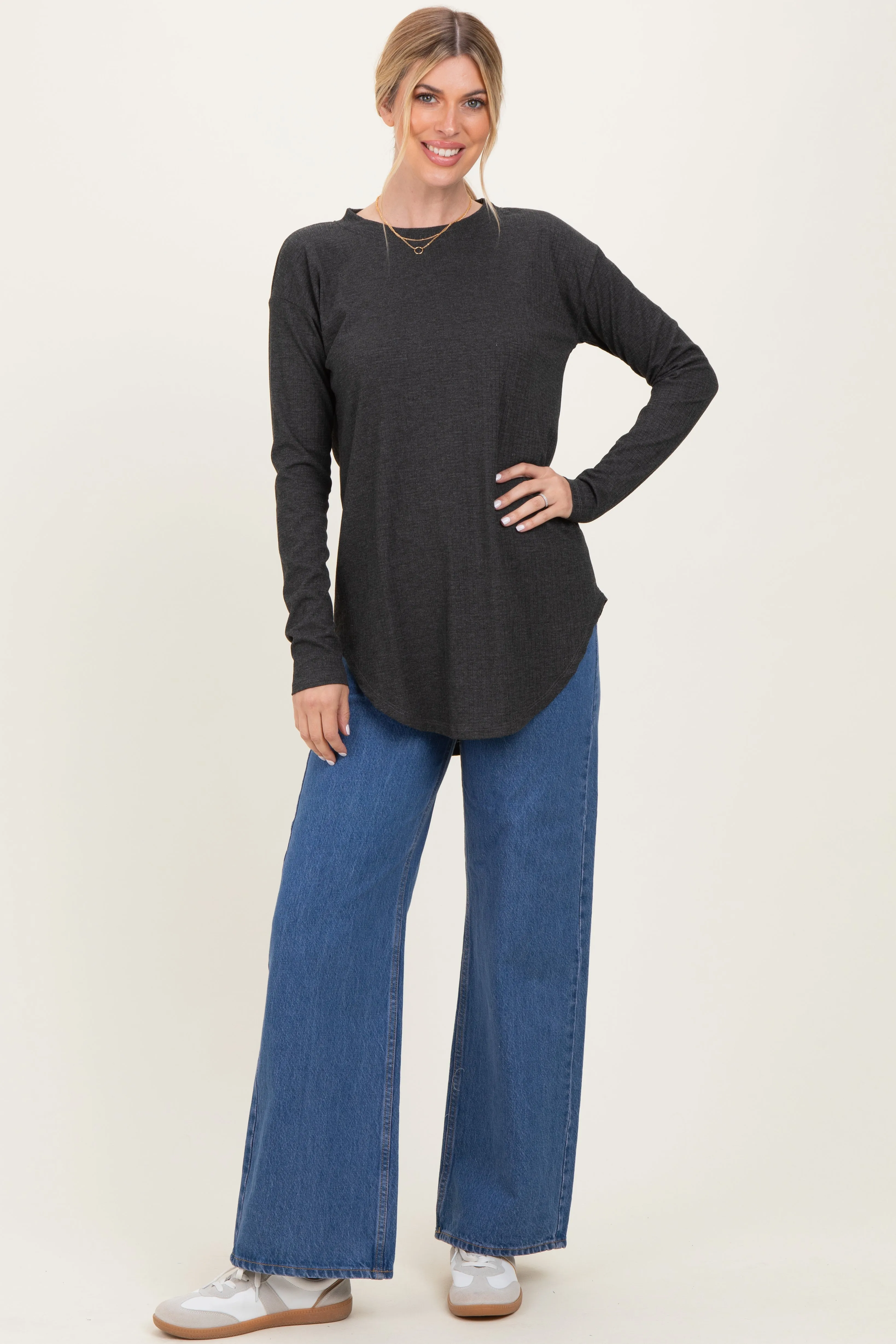 Charcoal Long Sleeve Round Hem Textured Top sold by Pinkblush product image thumbnail 2