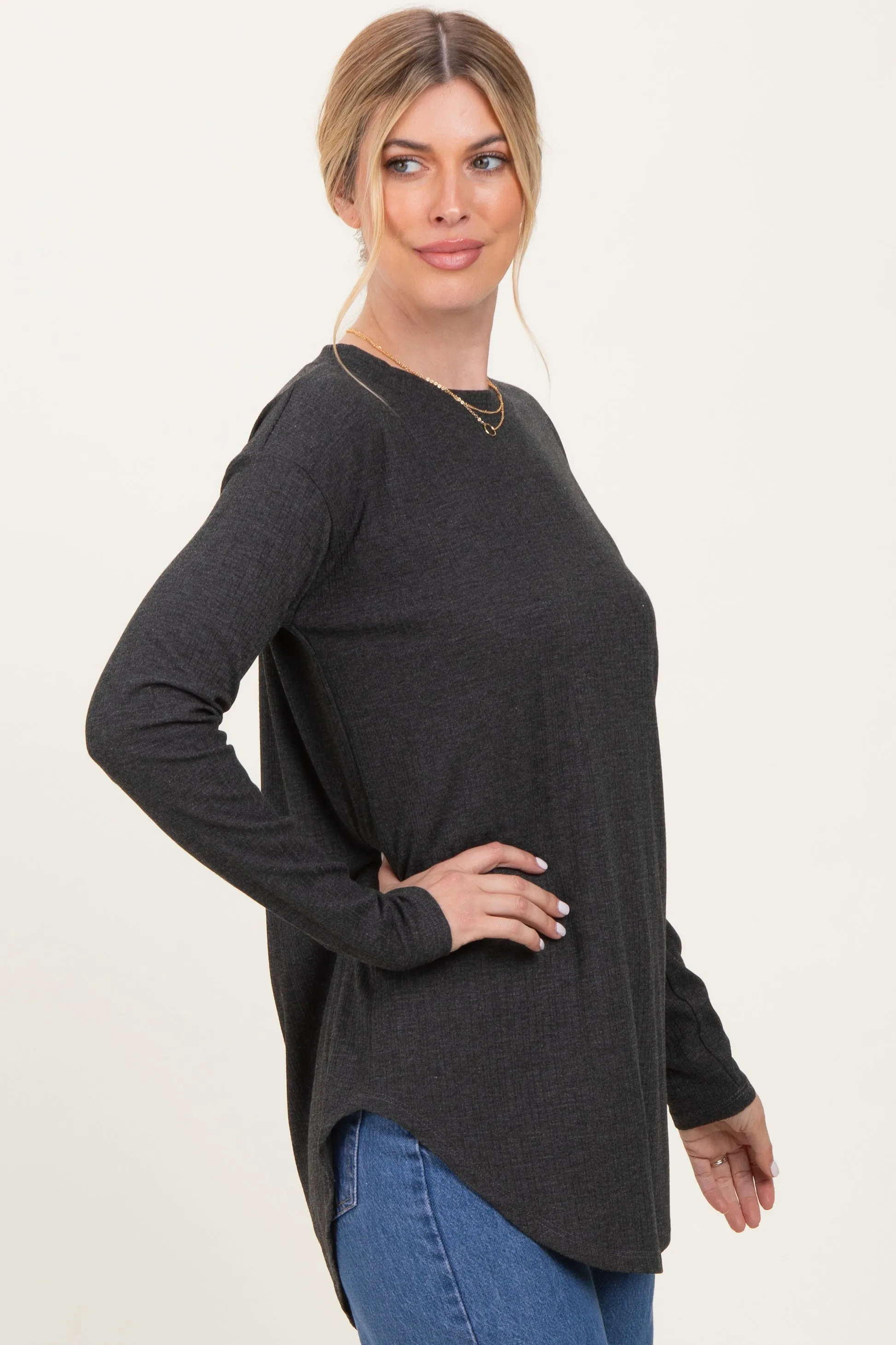 Charcoal Long Sleeve Round Hem Textured Top sold by Pinkblush product image thumbnail 3