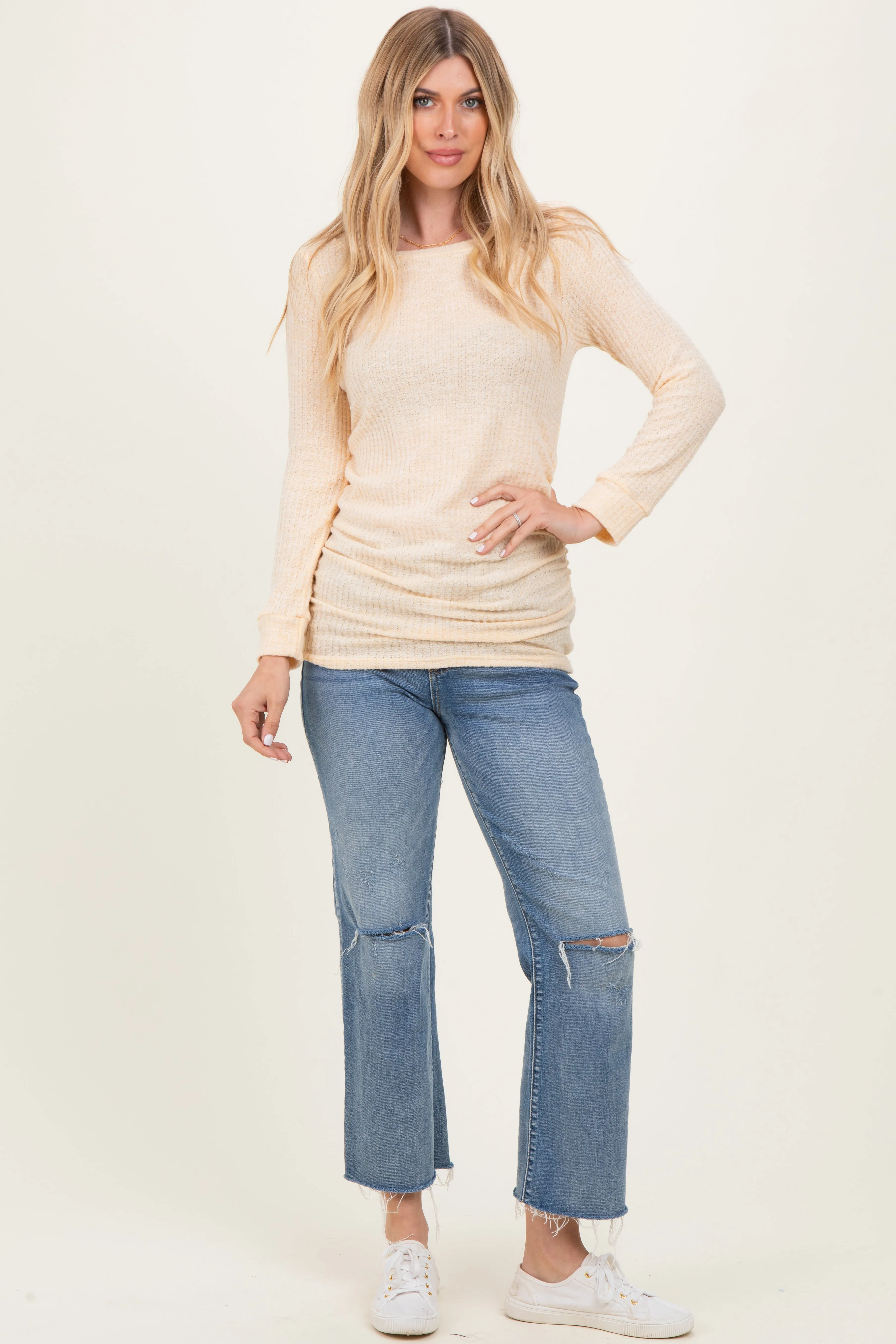 Yellow Waffle Knit Long Sleeve Ruched Tunic Top sold by Pinkblush product image thumbnail 2