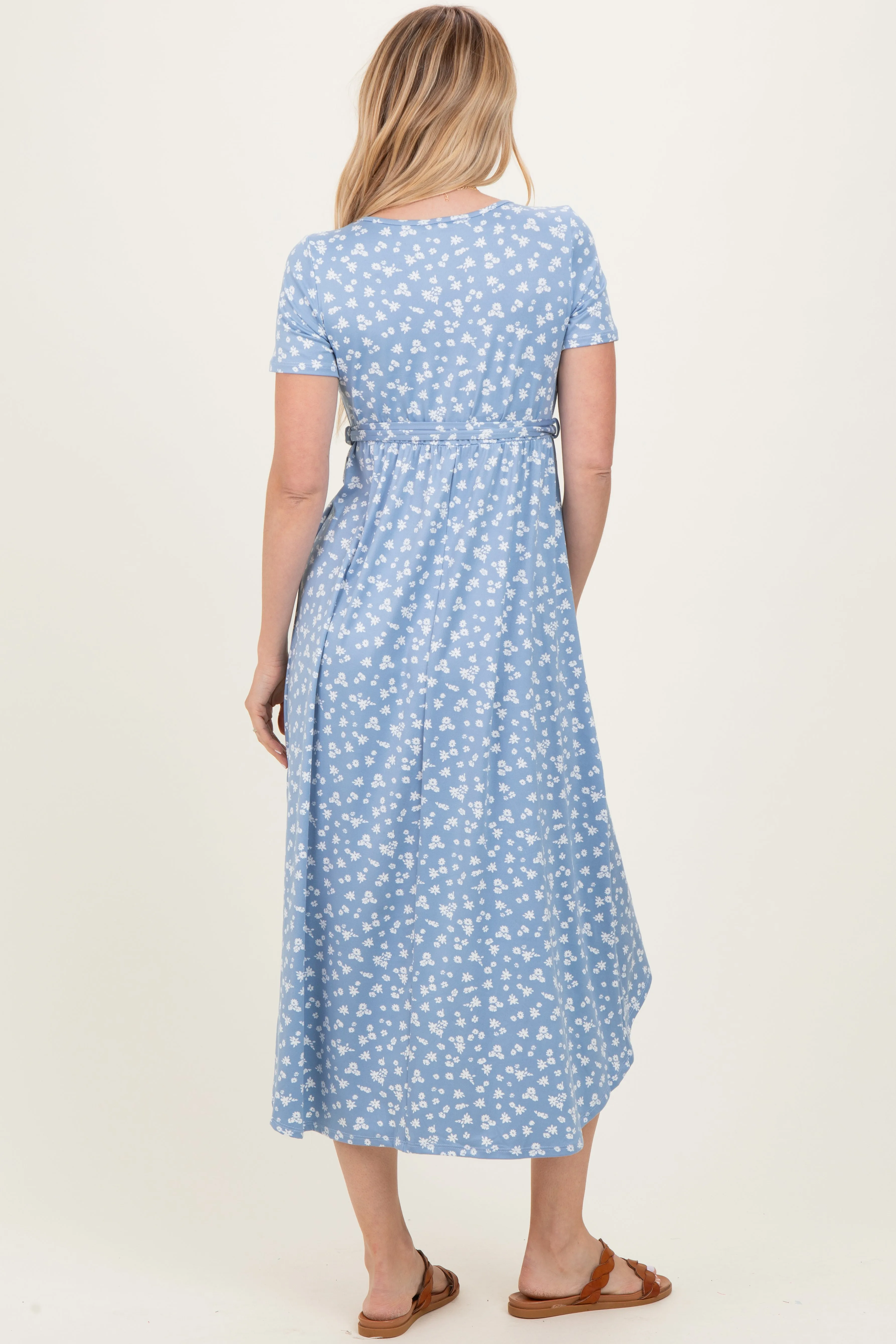 Blue Floral Print Short Sleeve Hi-Low Wrap Dress sold by Pinkblush product image thumbnail 4