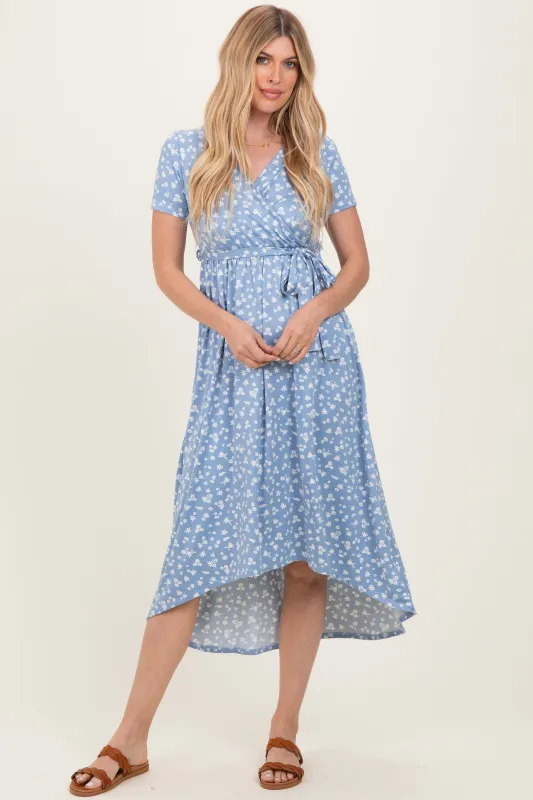 Blue Floral Print Short Sleeve Hi-Low Wrap Dress sold by Pinkblush