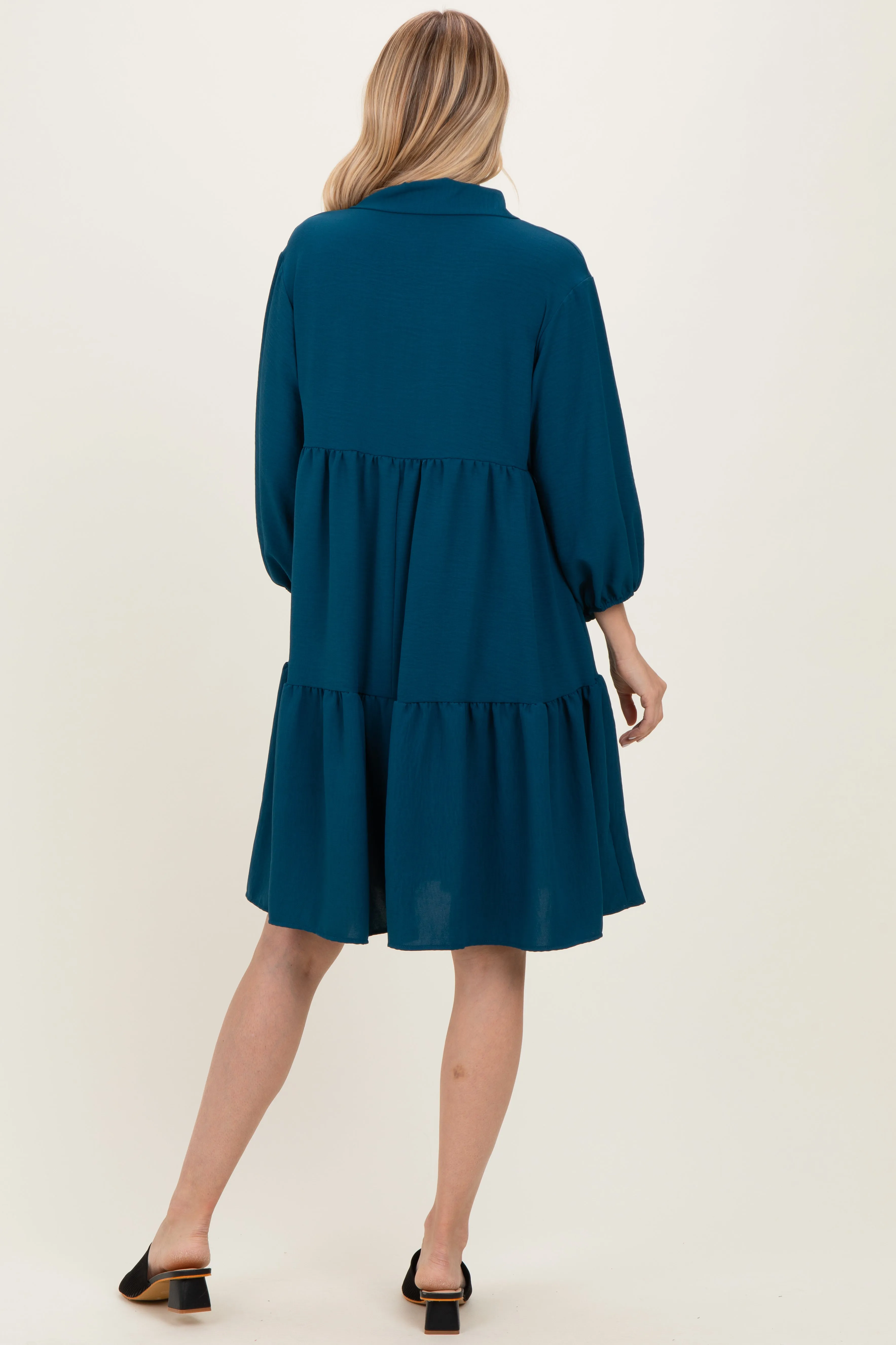 Dark Teal Long Sleeve Button Down Collared Tiered Dress sold by Pinkblush product image thumbnail 4