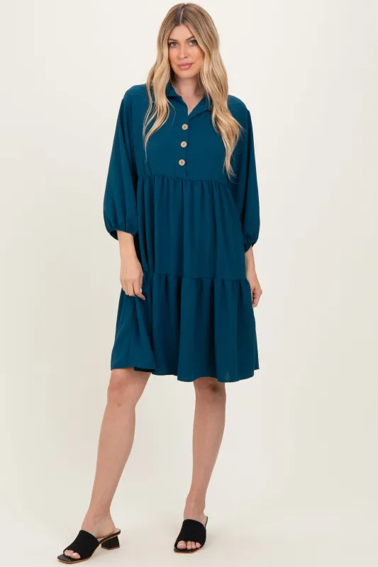 Dark Teal Long Sleeve Button Down Collared Tiered Dress sold by Pinkblush