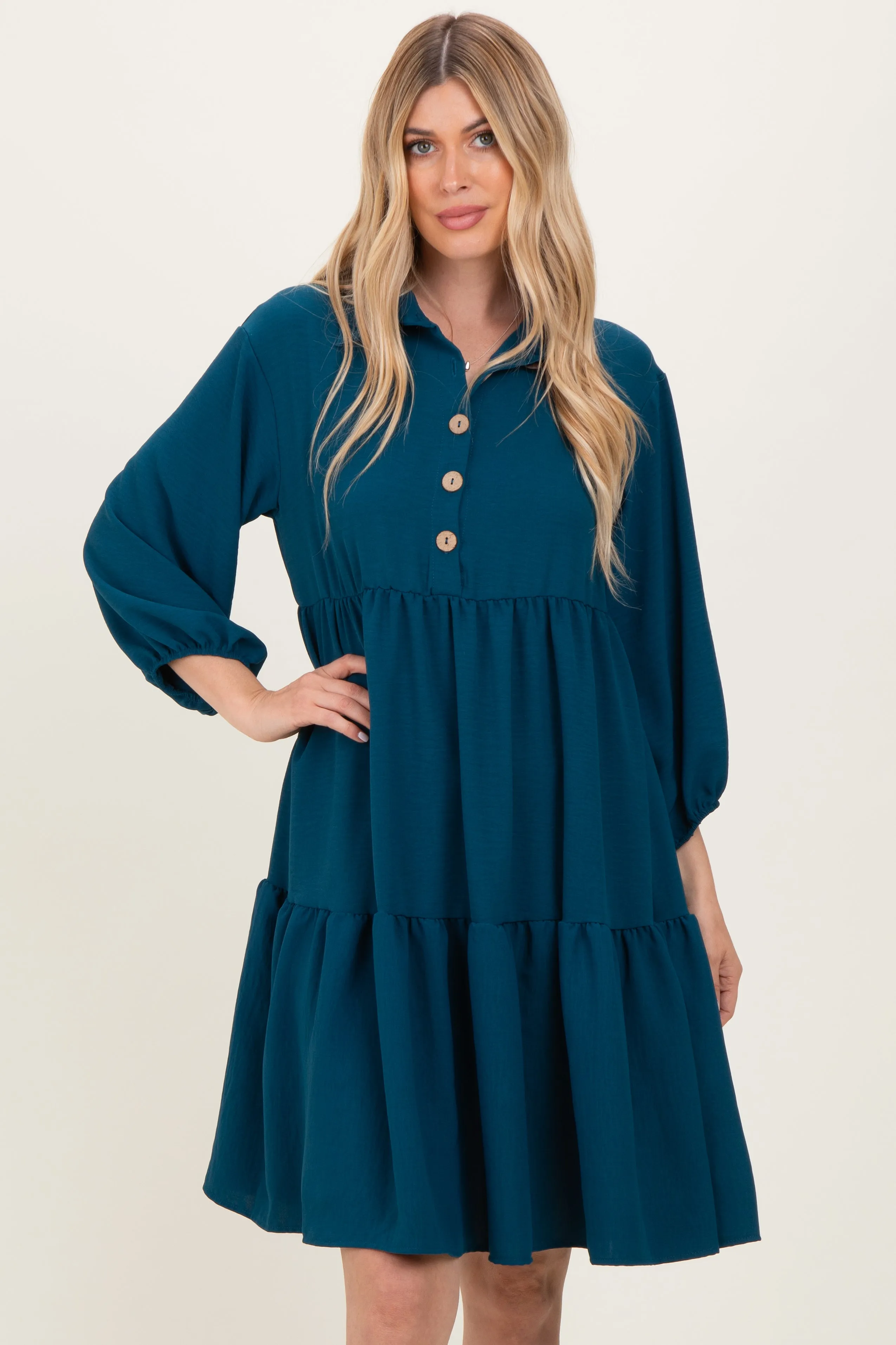 Dark Teal Long Sleeve Button Down Collared Tiered Dress sold by Pinkblush product image thumbnail 2