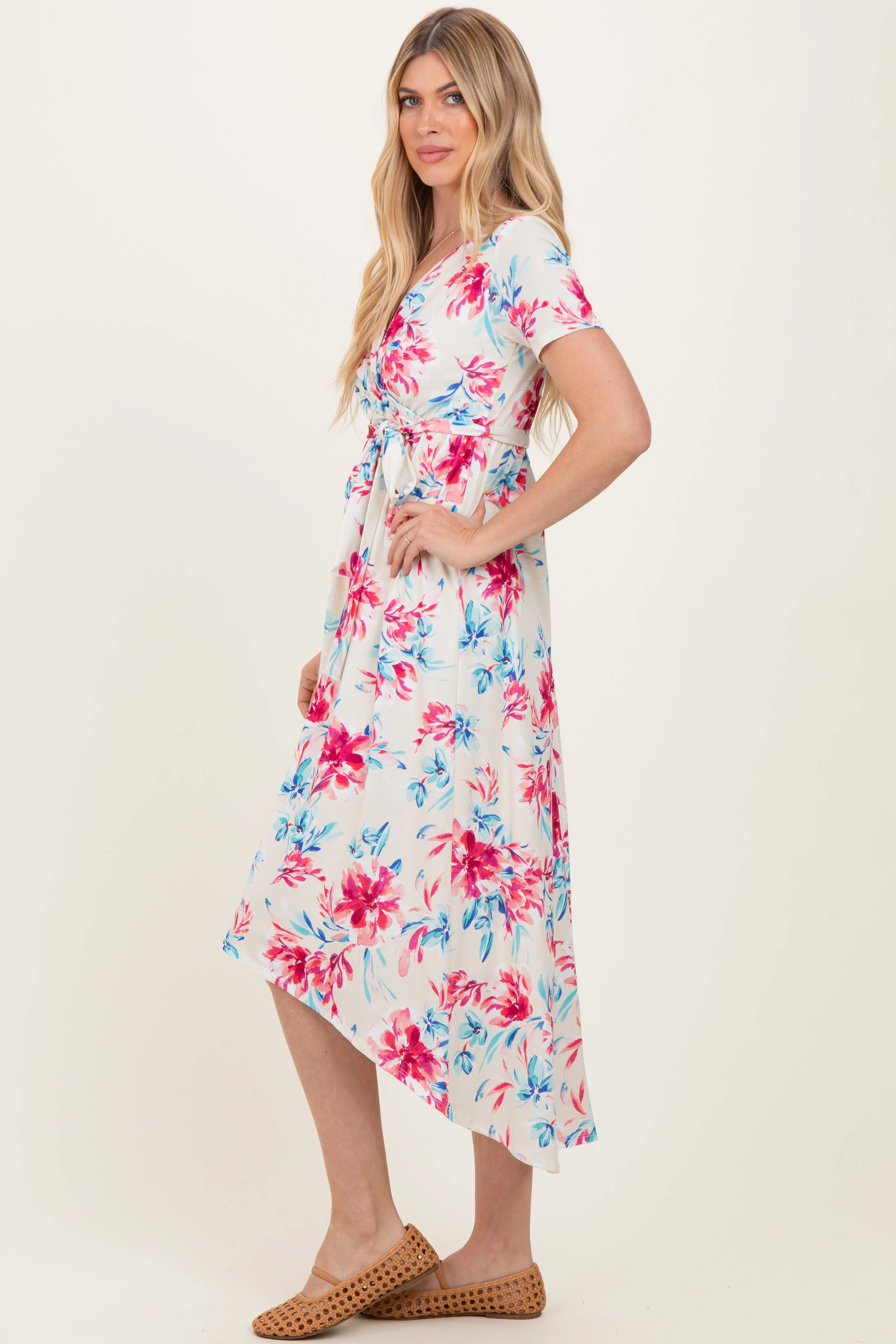 Taupe Floral Print Short Sleeve Hi-Low Wrap Dress sold by Pinkblush product image thumbnail 2