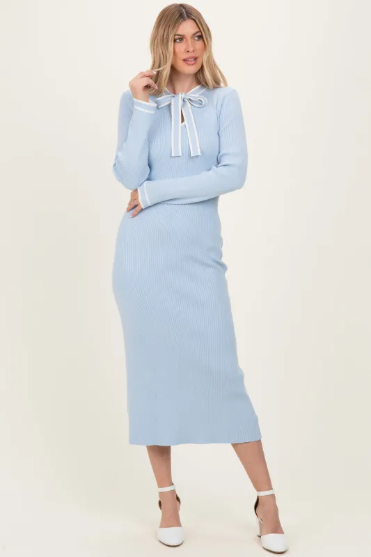 Light Blue Ribbed Knit Tie Neck Sweater Dress sold by Pinkblush