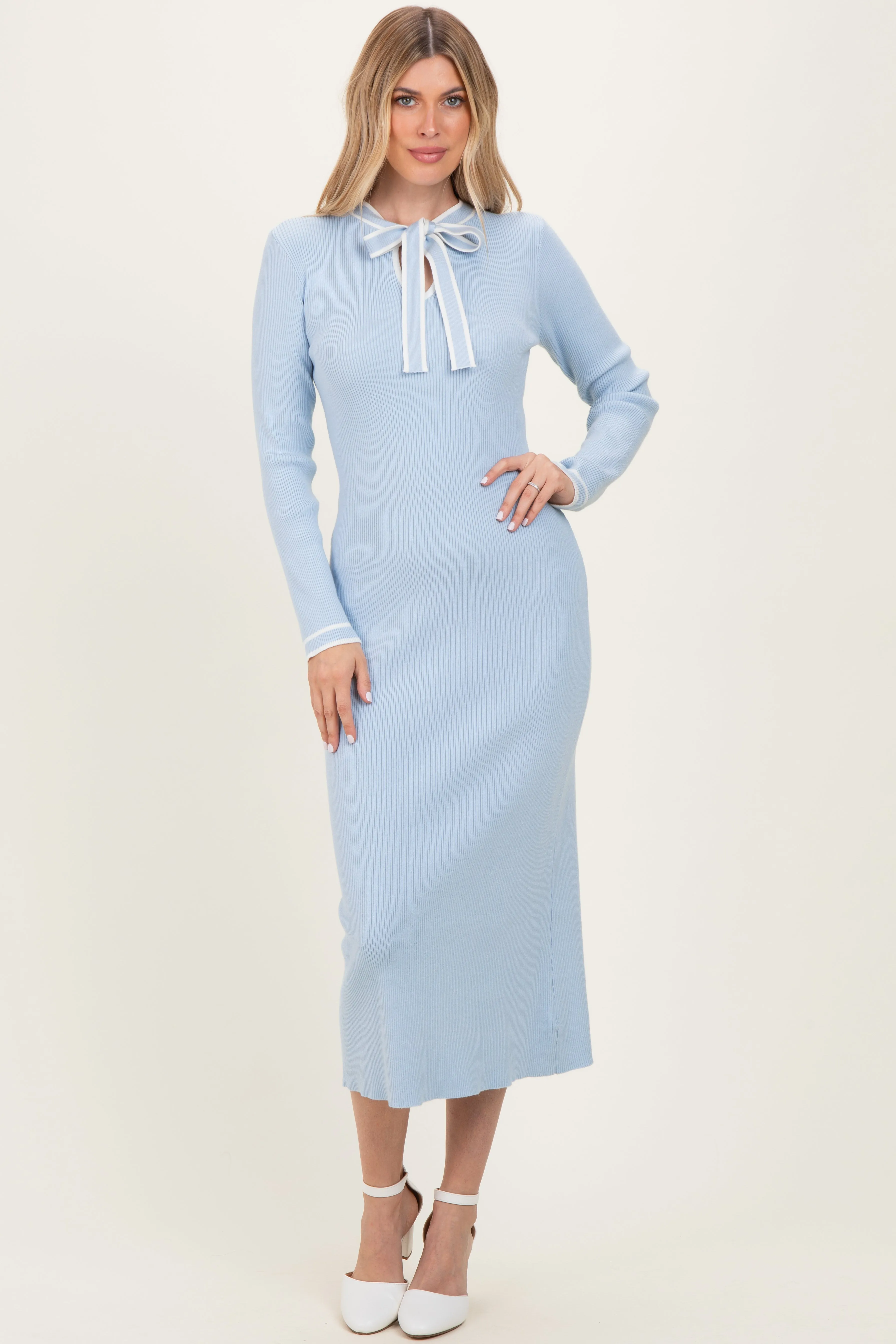 Light Blue Ribbed Knit Tie Neck Sweater Dress sold by Pinkblush product image thumbnail 2