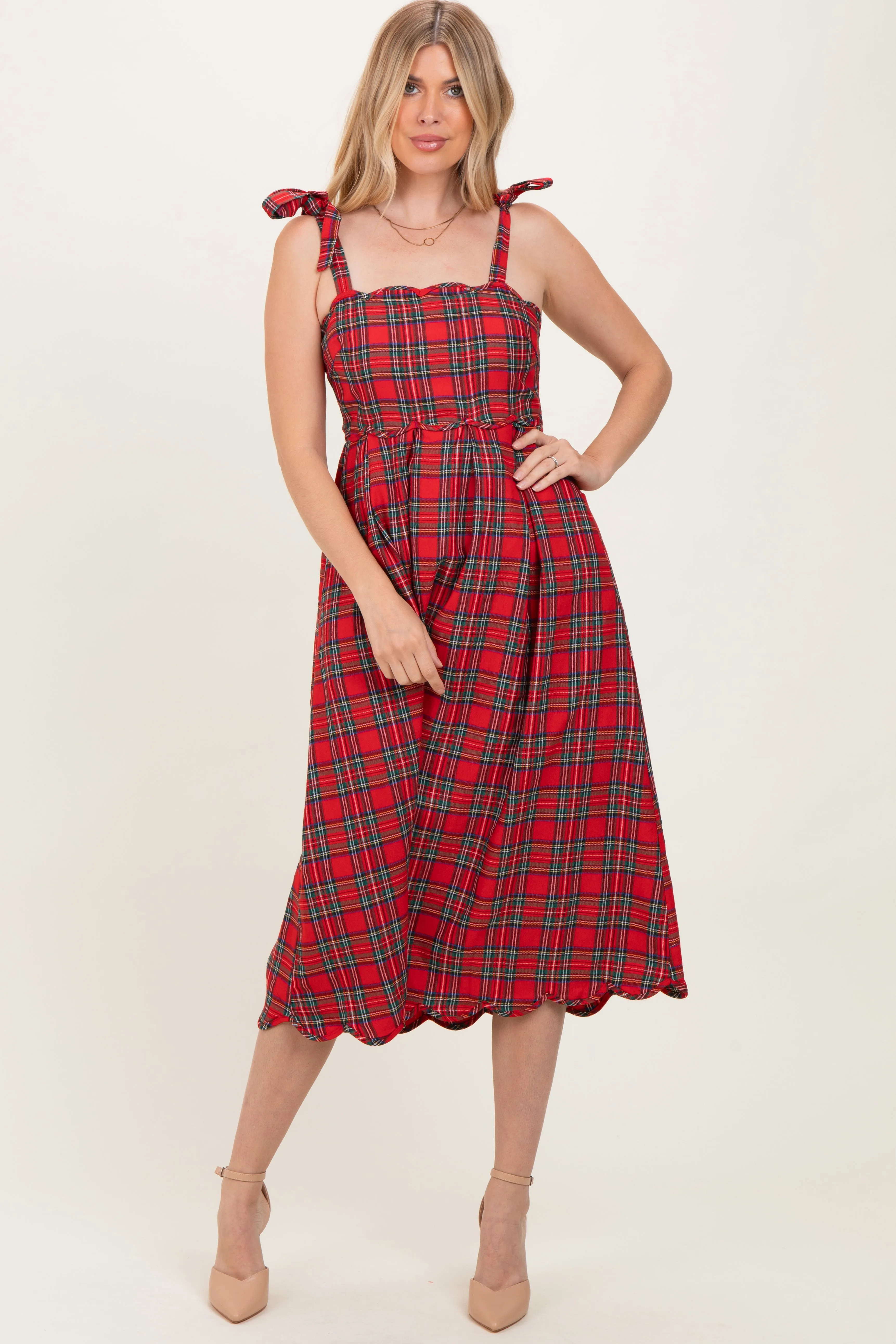 Red Plaid Shoulder Tie Scallop Hem Midi Dress sold by Pinkblush product image thumbnail 2