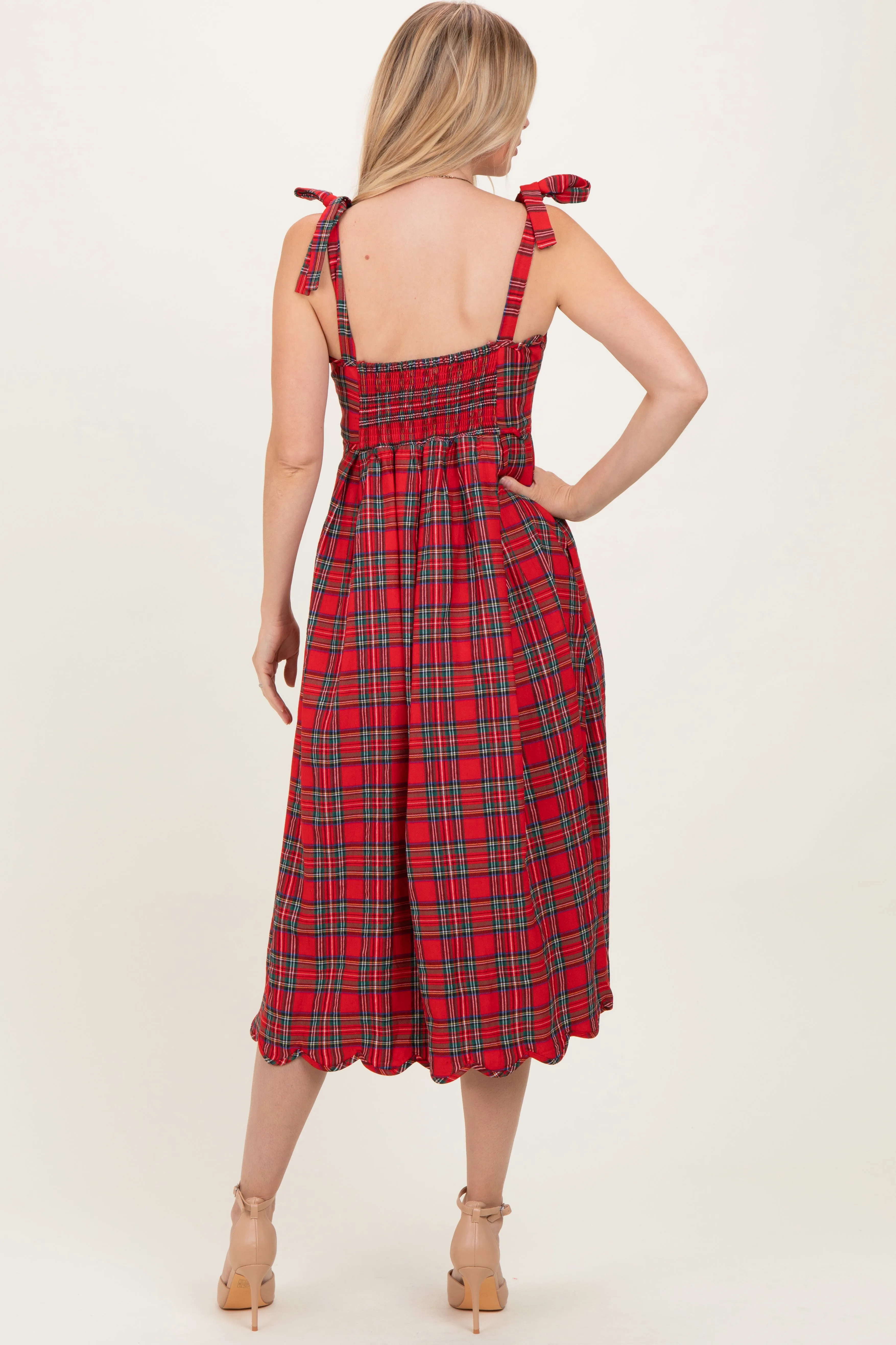 Red Plaid Shoulder Tie Scallop Hem Midi Dress sold by Pinkblush product image thumbnail 4