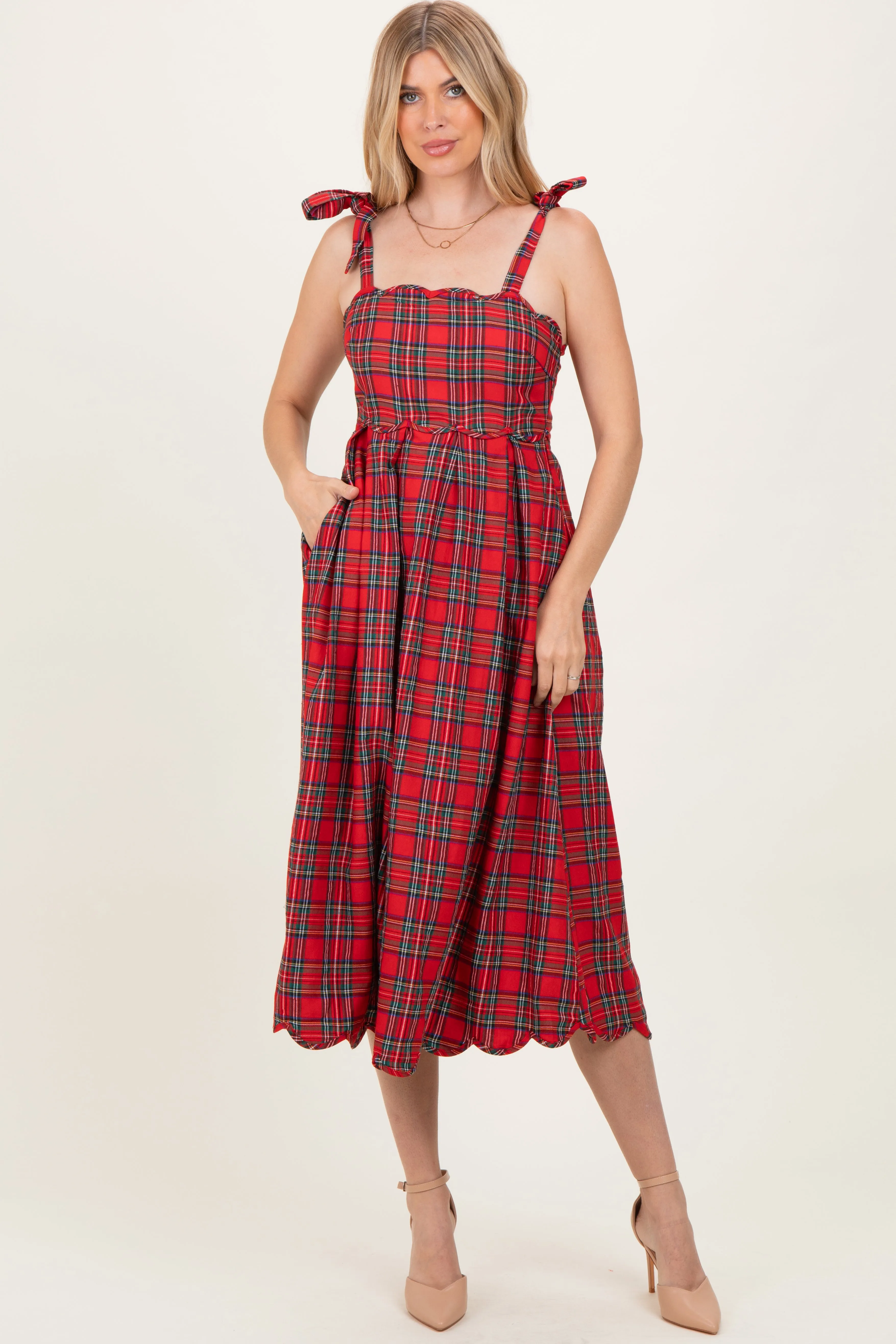 Red Plaid Shoulder Tie Scallop Hem Midi Dress sold by Pinkblush