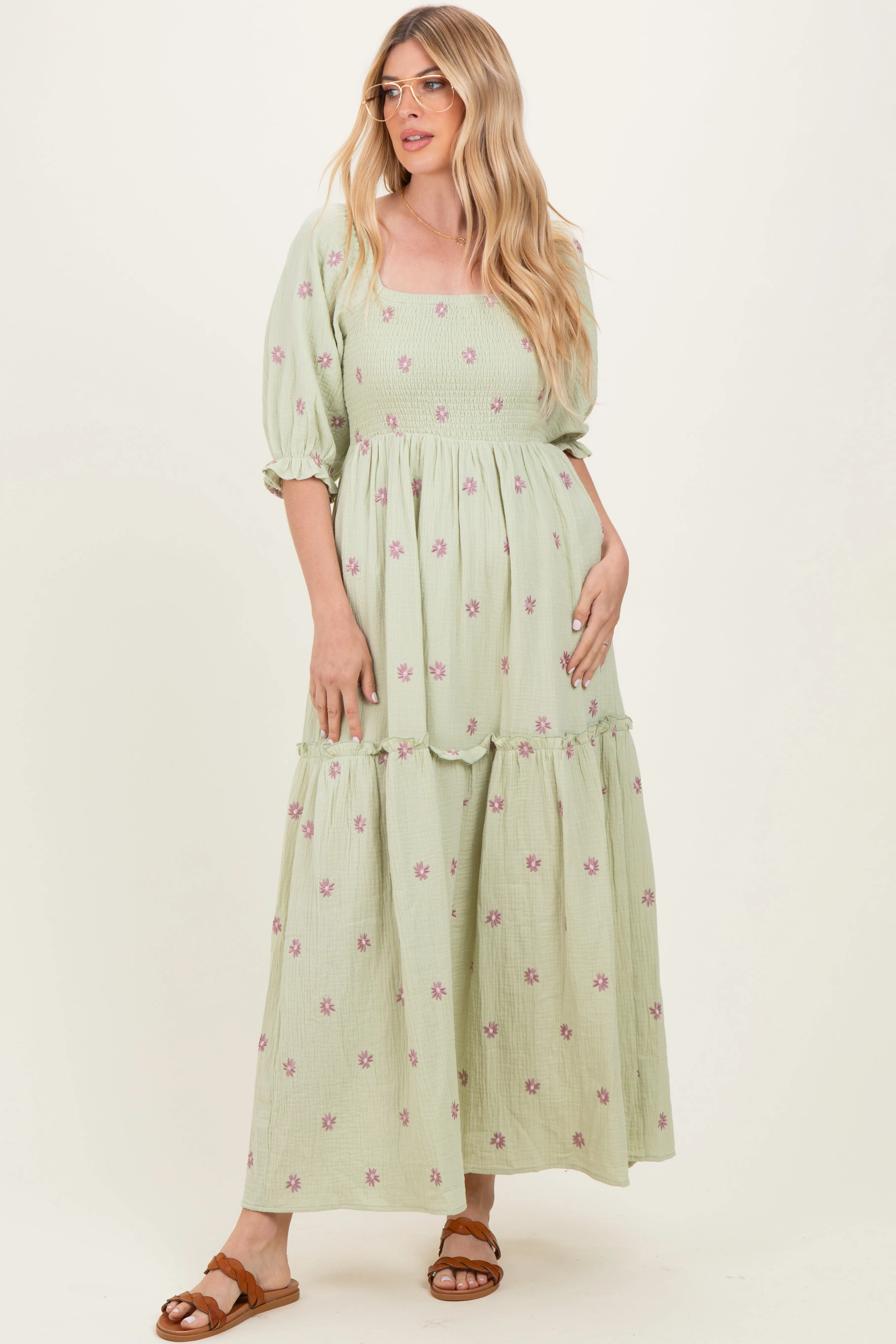 Mint Floral Smocked Puff Sleeve Maxi Dress sold by Pinkblush product image thumbnail 2