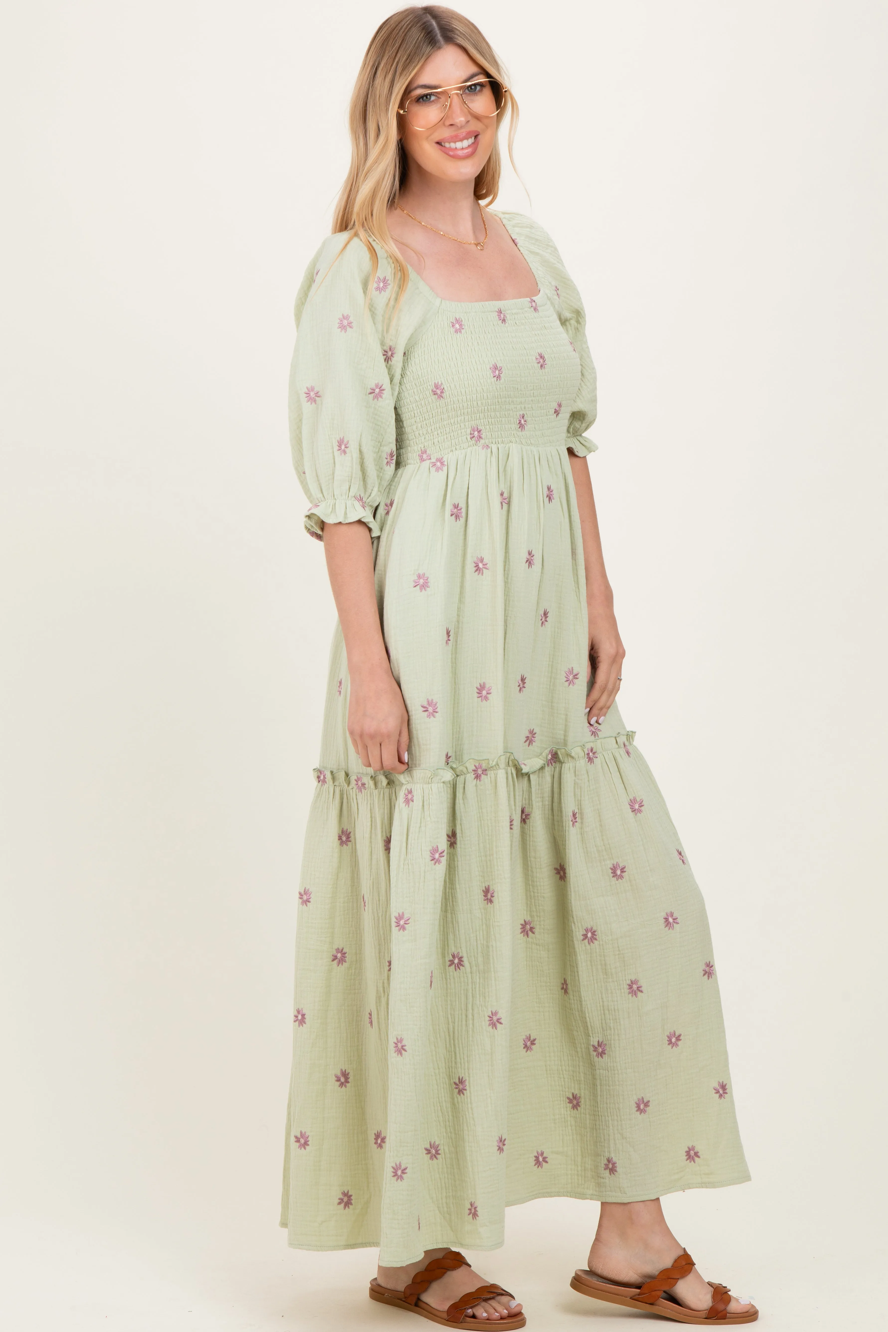Mint Floral Smocked Puff Sleeve Maxi Dress sold by Pinkblush product image thumbnail 3