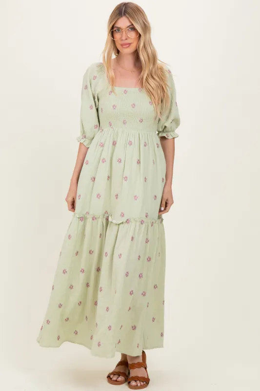 Mint Floral Smocked Puff Sleeve Maxi Dress sold by Pinkblush