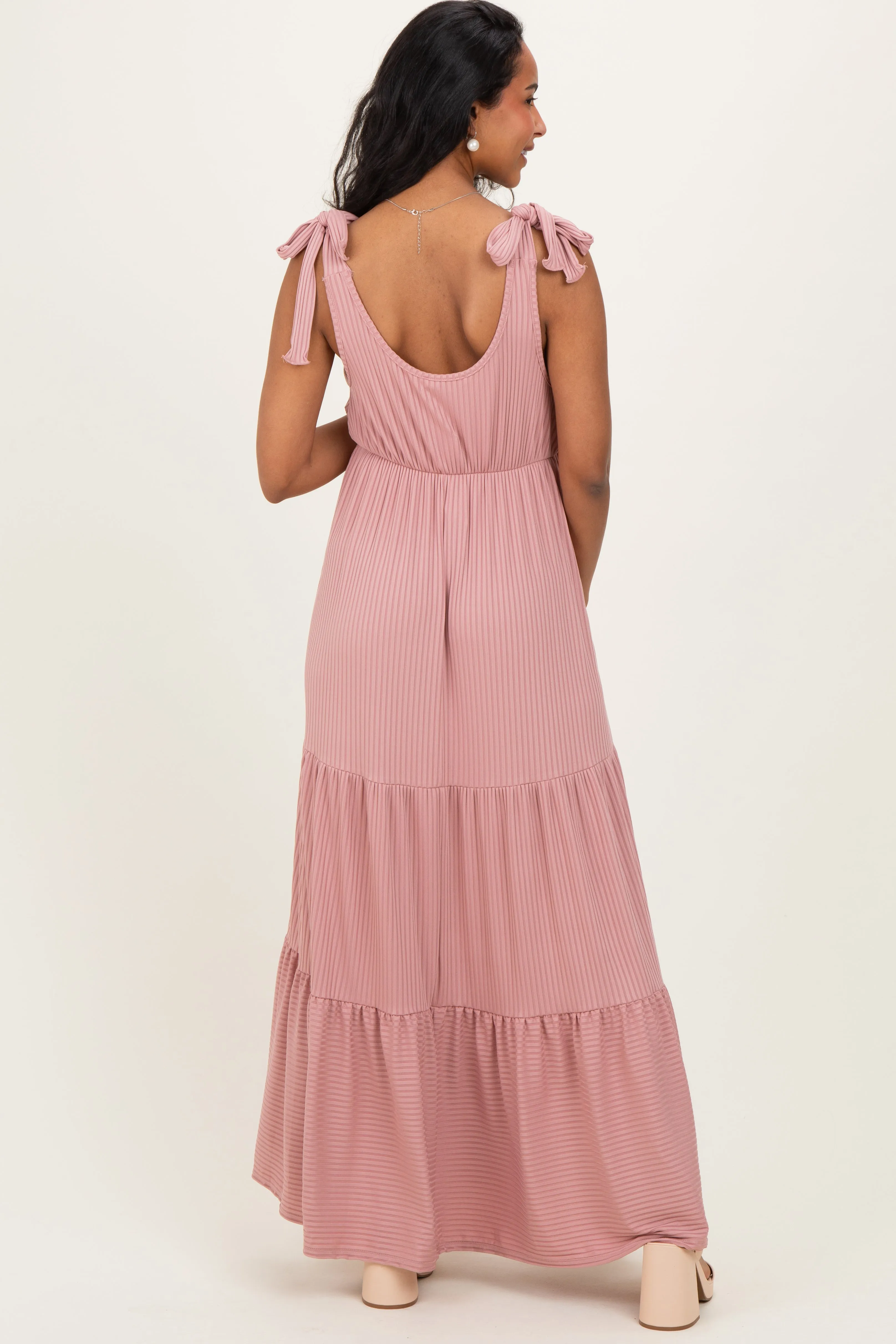 Mauve Shoulder Tie Ribbed Tiered Maternity Maxi Dress sold by Pinkblush product image thumbnail 3