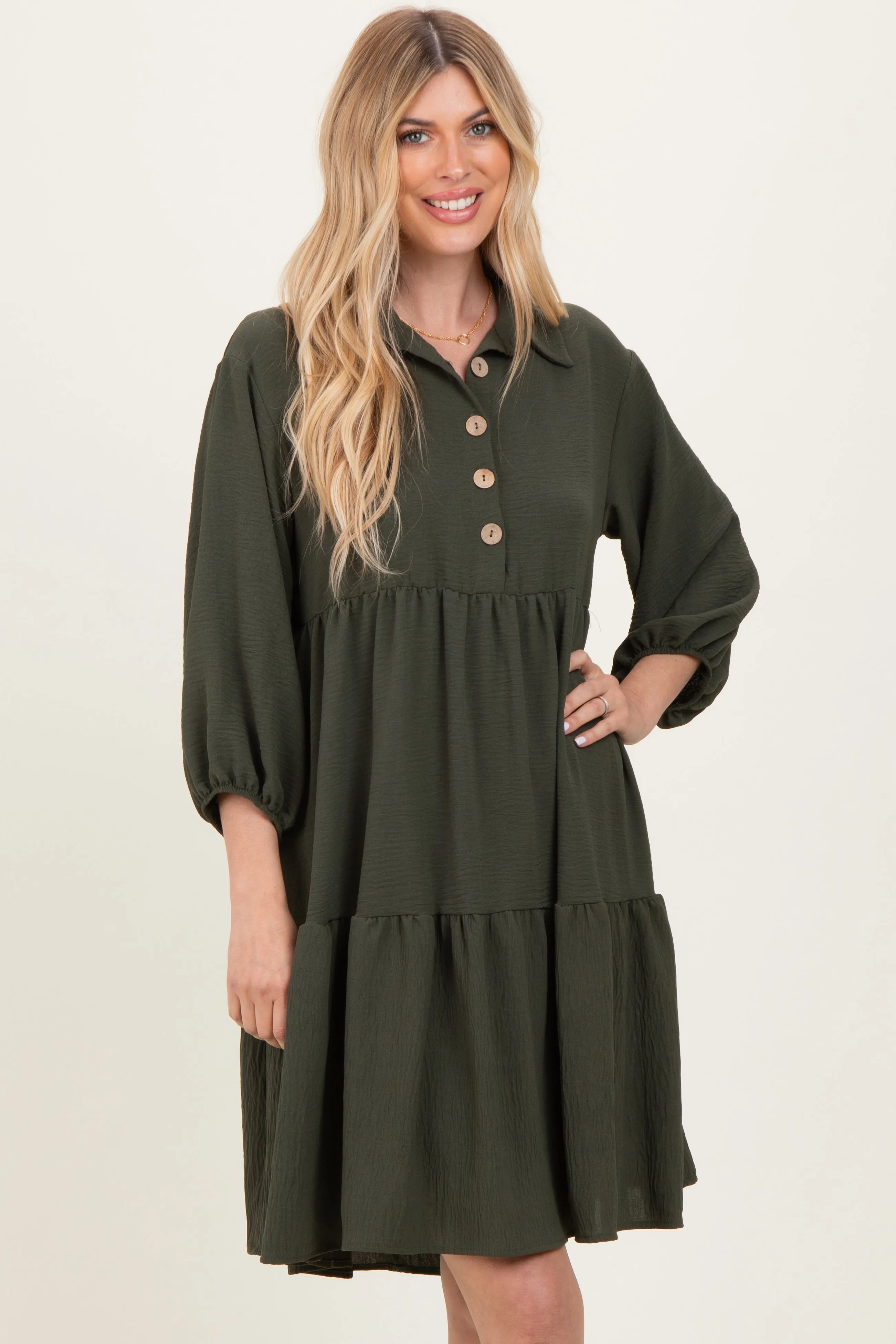 Olive Long Sleeve Button Down Collared Tiered Dress sold by Pinkblush product image thumbnail 2