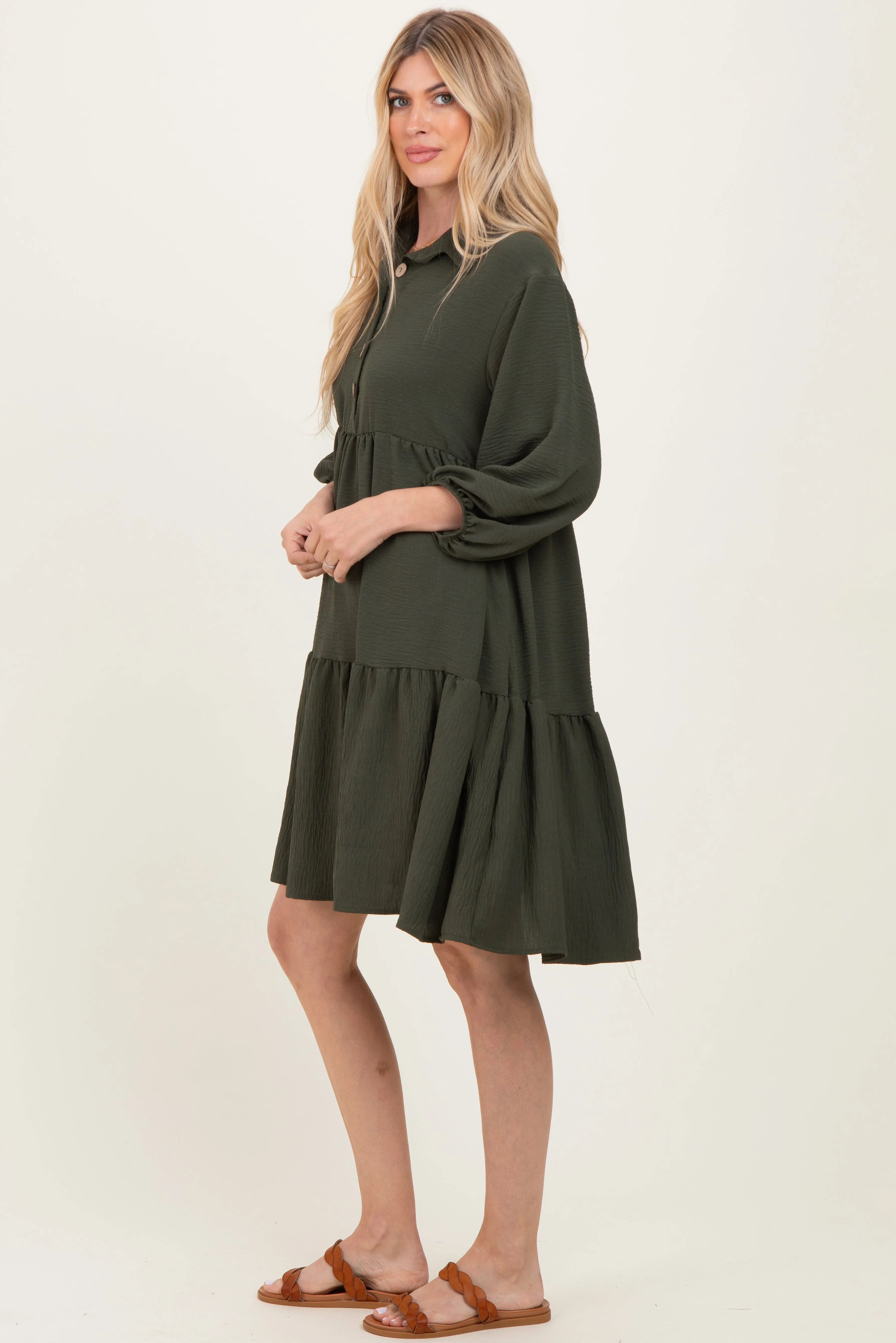 Olive Long Sleeve Button Down Collared Tiered Dress sold by Pinkblush product image thumbnail 3