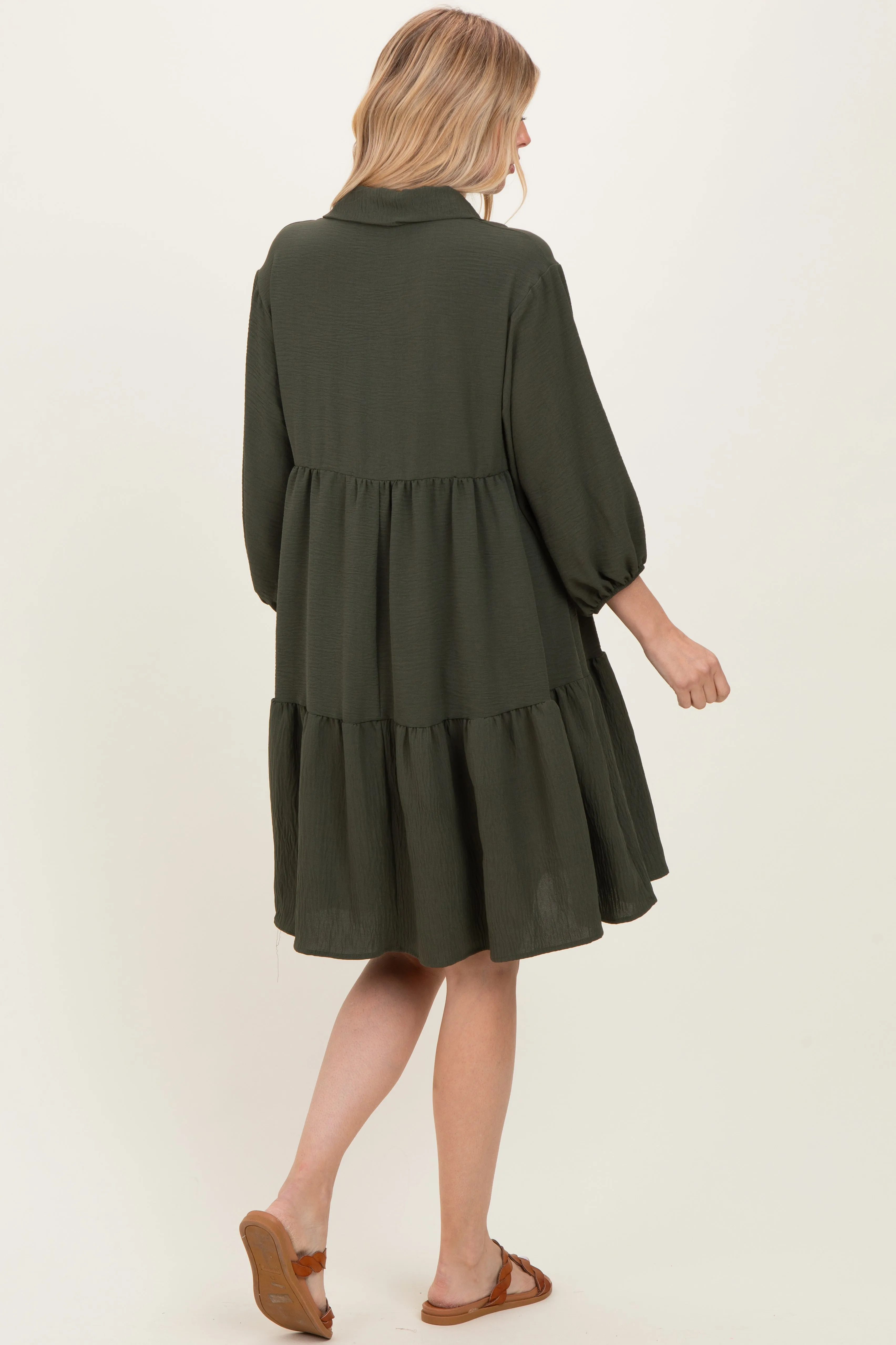 Olive Long Sleeve Button Down Collared Tiered Dress sold by Pinkblush product image thumbnail 4