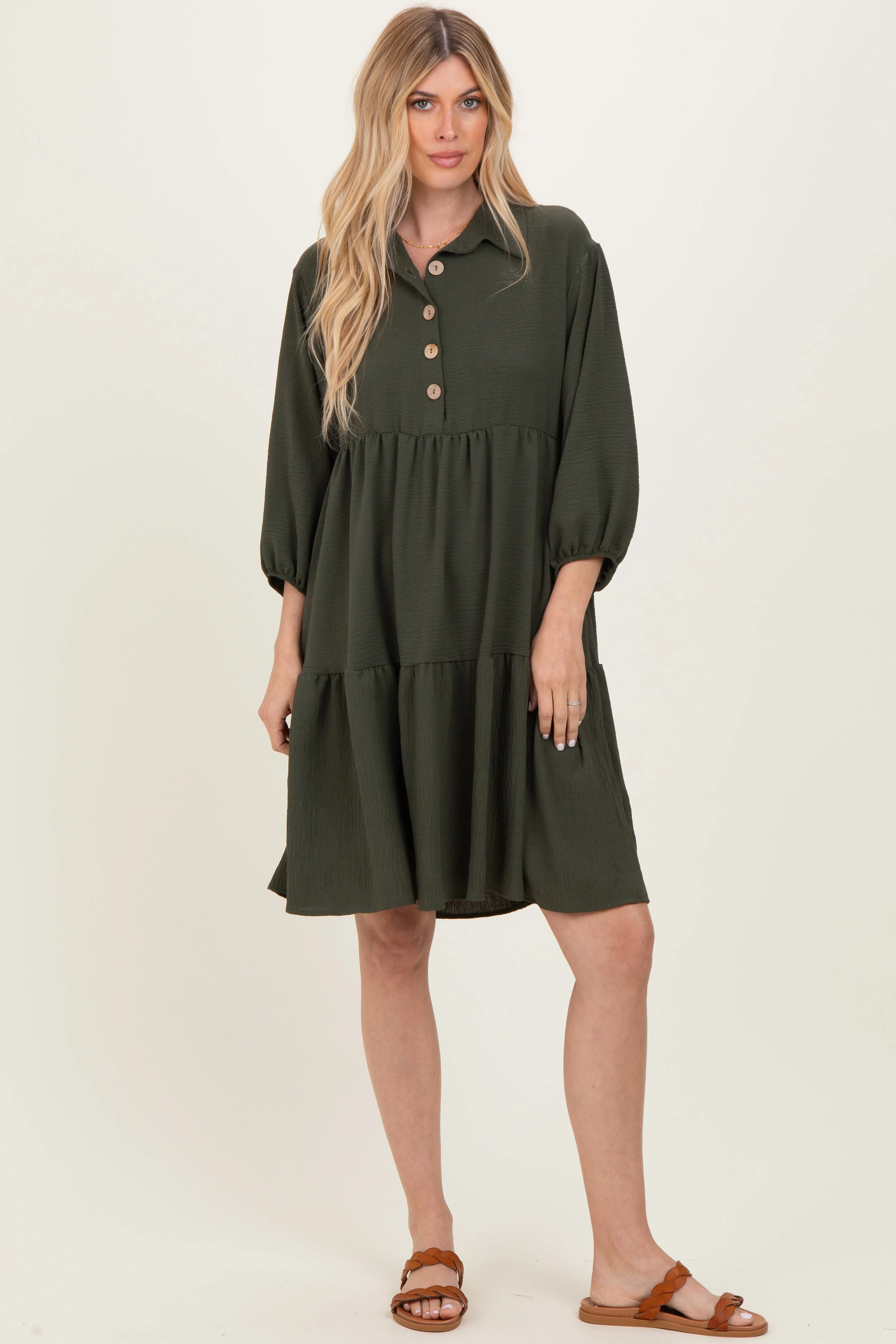 Olive Long Sleeve Button Down Collared Tiered Dress sold by Pinkblush