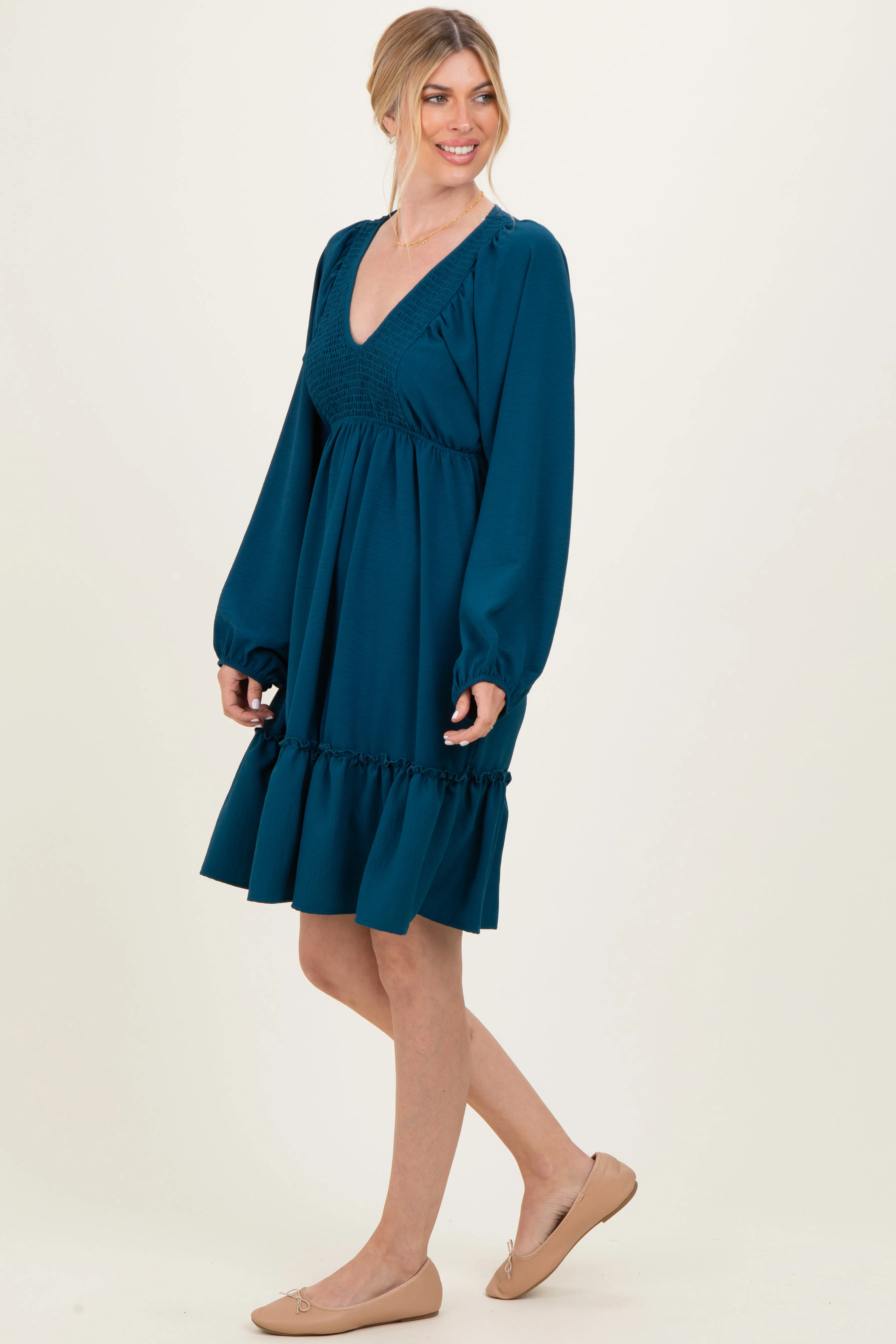 Dark Teal Long Sleeve V-Neck Tiered Midi Dress sold by Pinkblush product image thumbnail 2