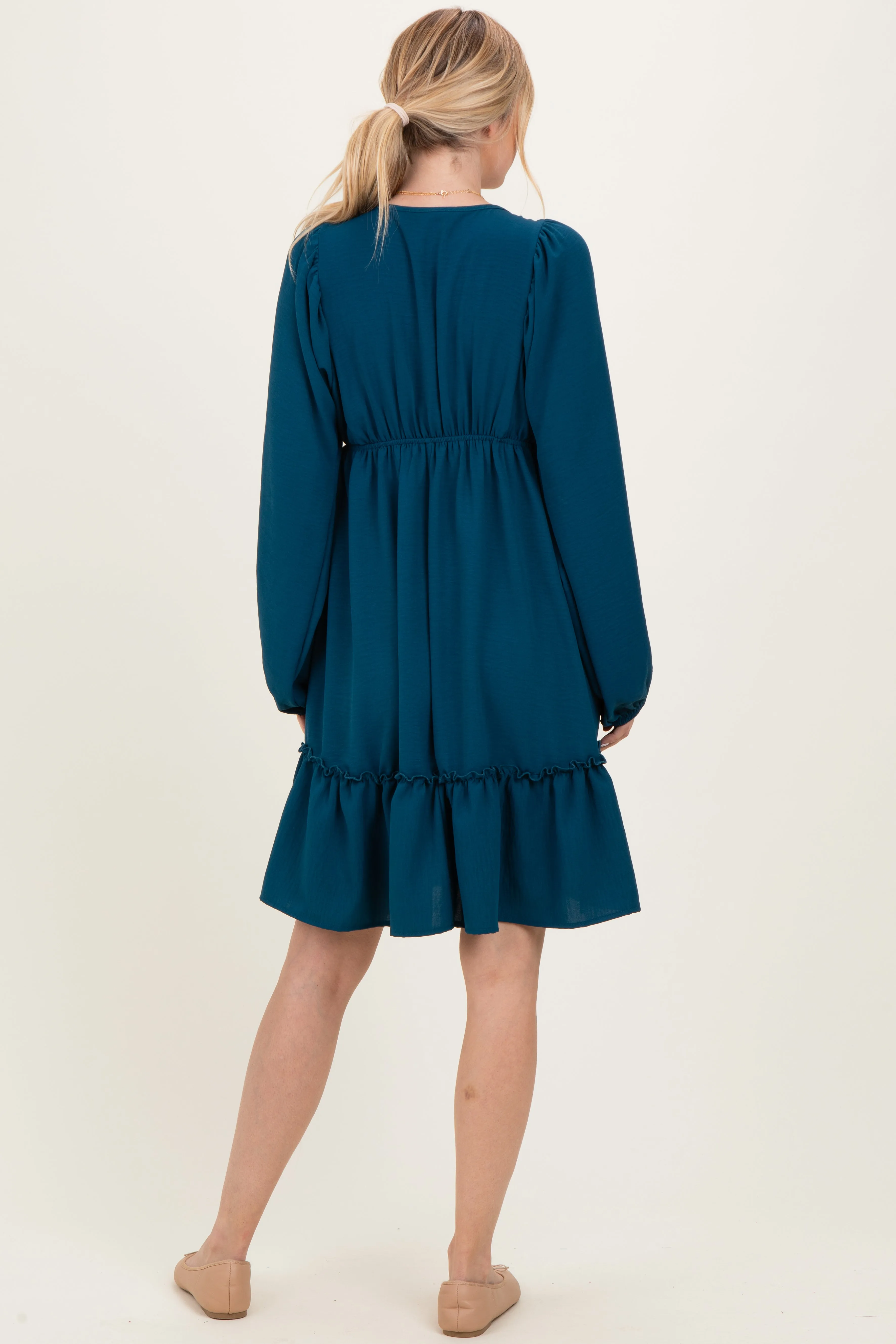 Dark Teal Long Sleeve V-Neck Tiered Midi Dress sold by Pinkblush product image thumbnail 3