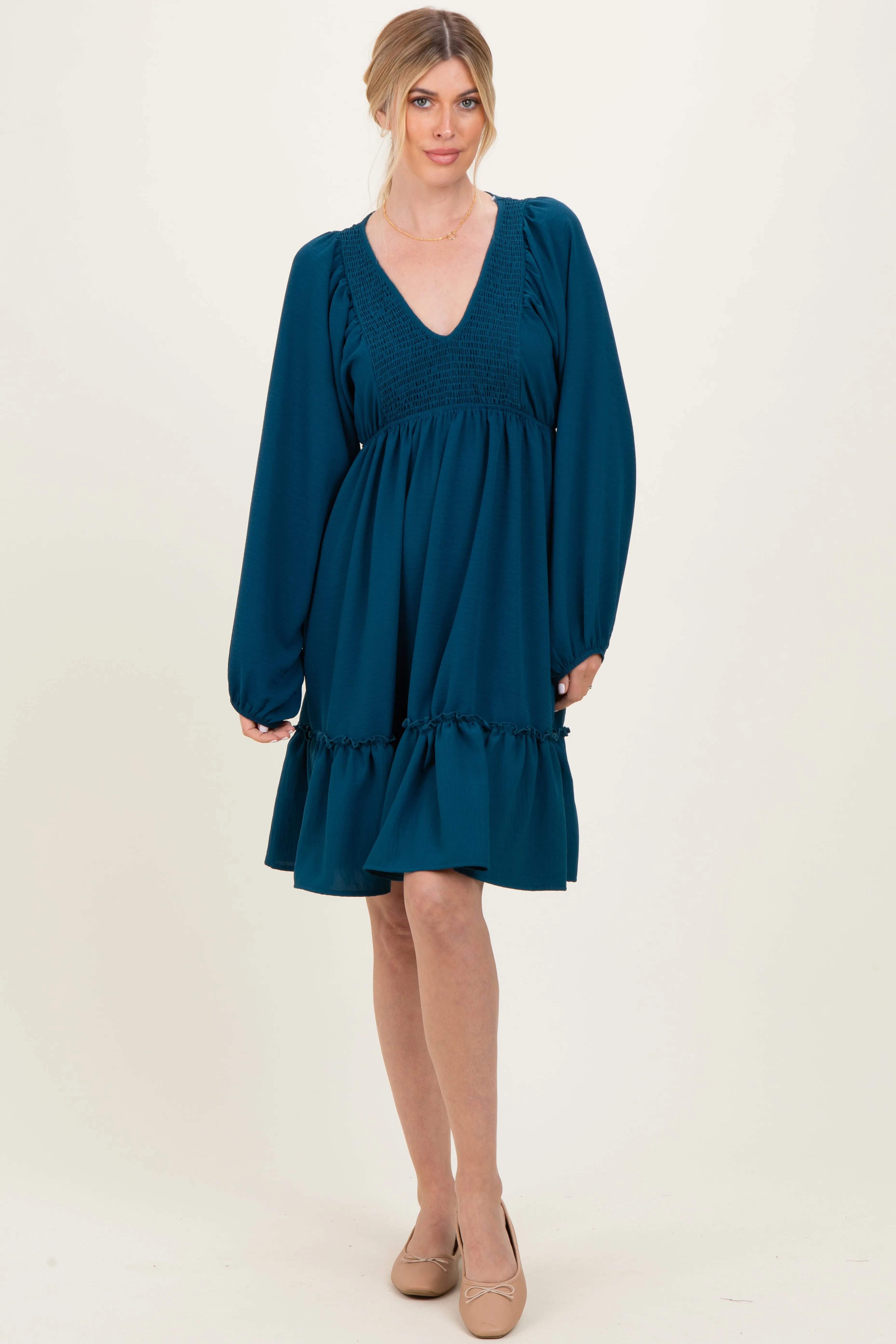 Dark Teal Long Sleeve V-Neck Tiered Midi Dress sold by Pinkblush