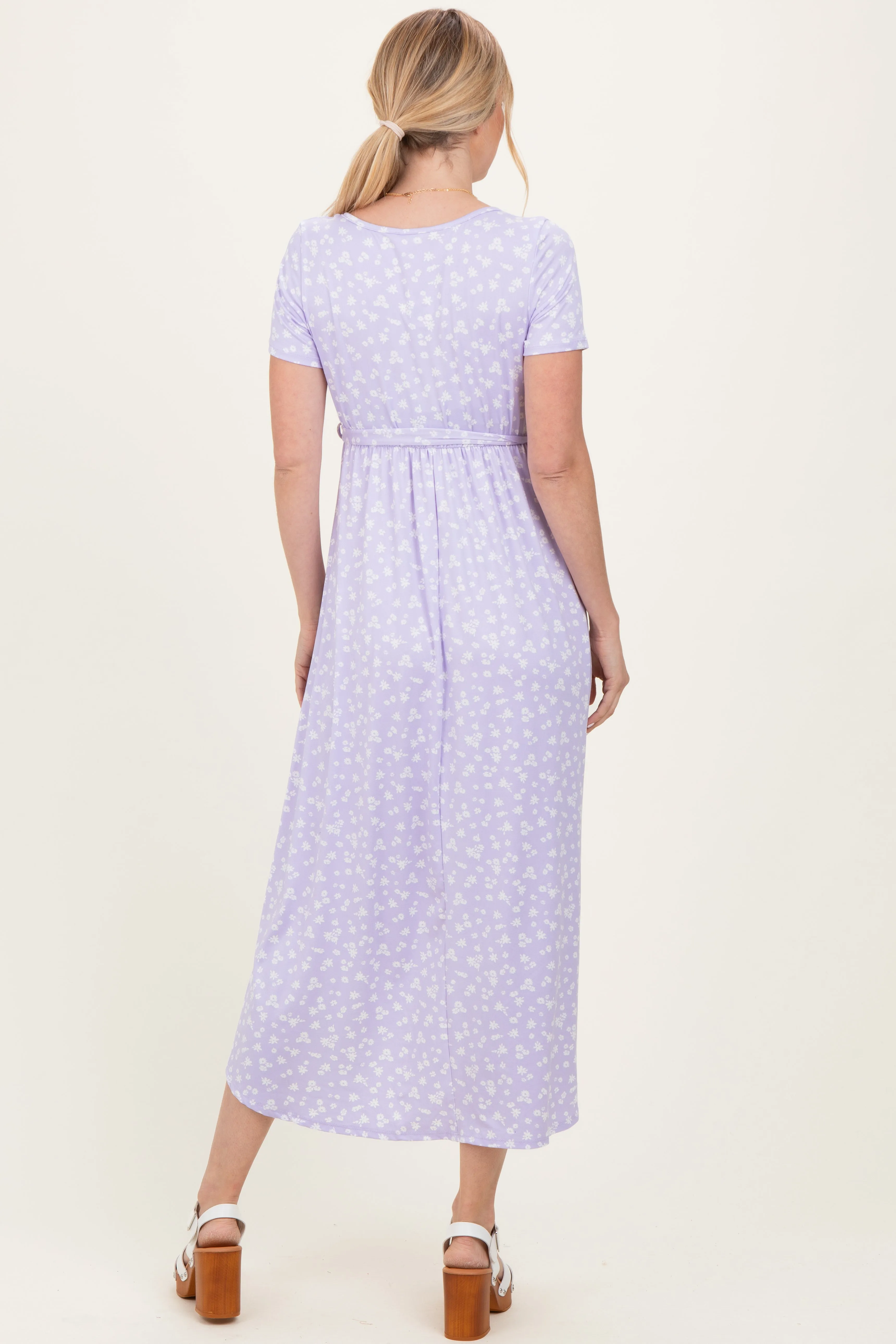 Lavender Floral Print Short Sleeve Hi-Low Wrap Dress sold by Pinkblush product image thumbnail 4