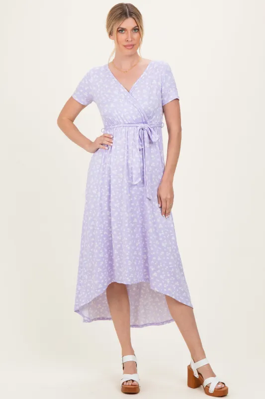 Lavender Floral Print Short Sleeve Hi-Low Wrap Dress sold by Pinkblush