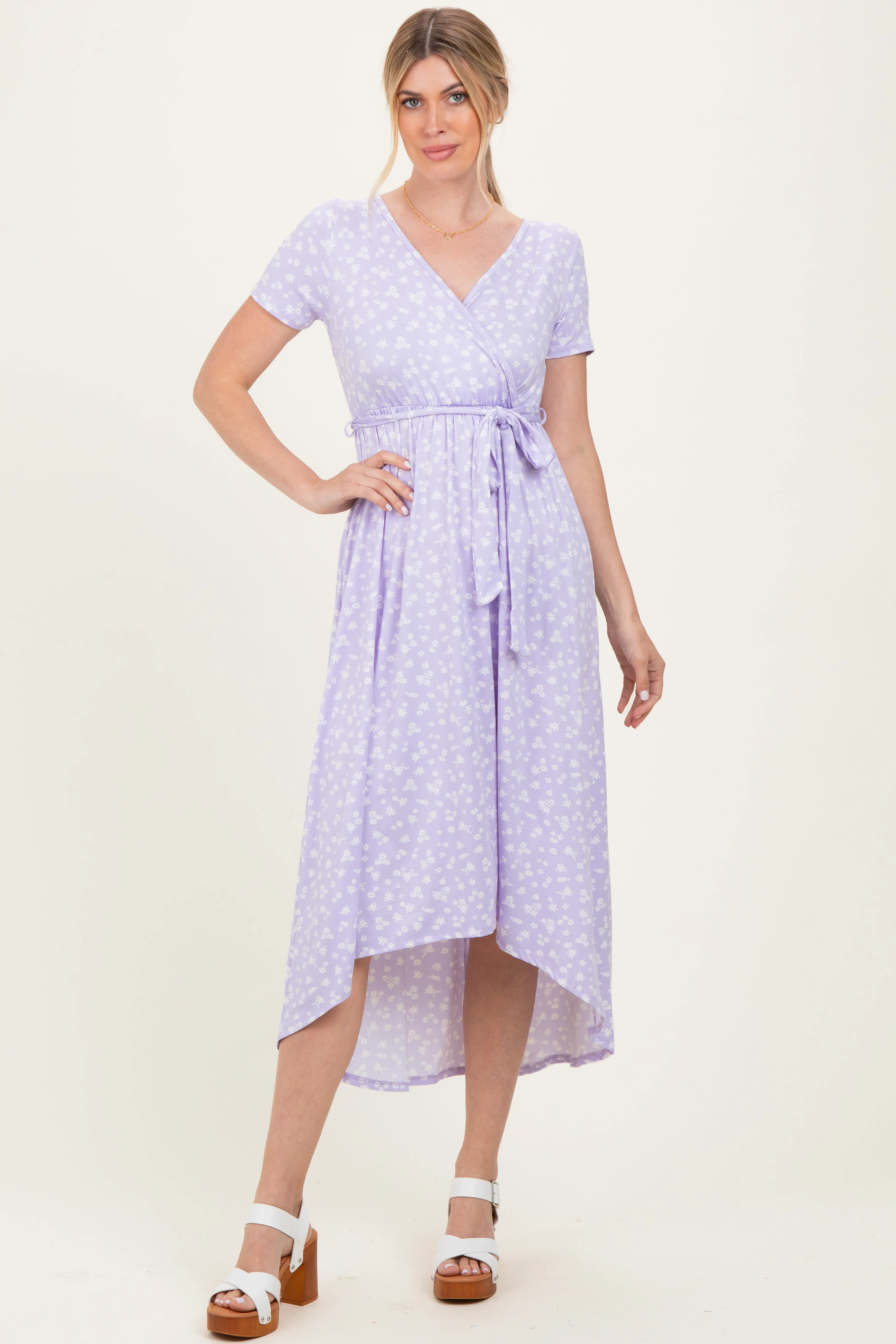 Lavender Floral Print Short Sleeve Hi-Low Wrap Dress sold by Pinkblush product image thumbnail 2