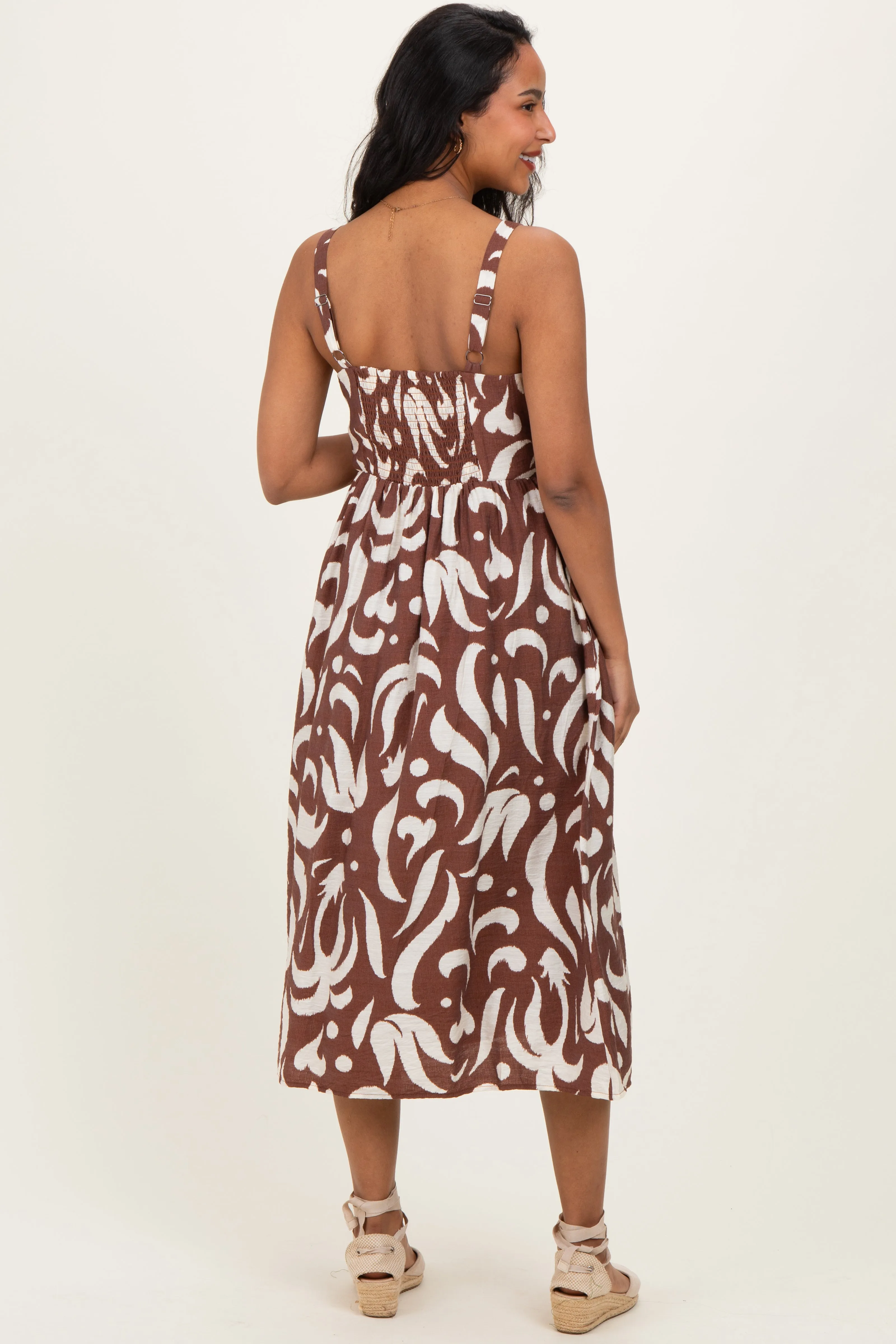 Brown Printed Button Down Sleeveless Maternity Midi Dress sold by Pinkblush product image thumbnail 4