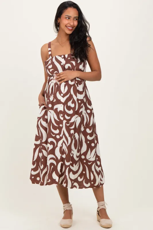 Brown Printed Button Down Sleeveless Maternity Midi Dress sold by Pinkblush