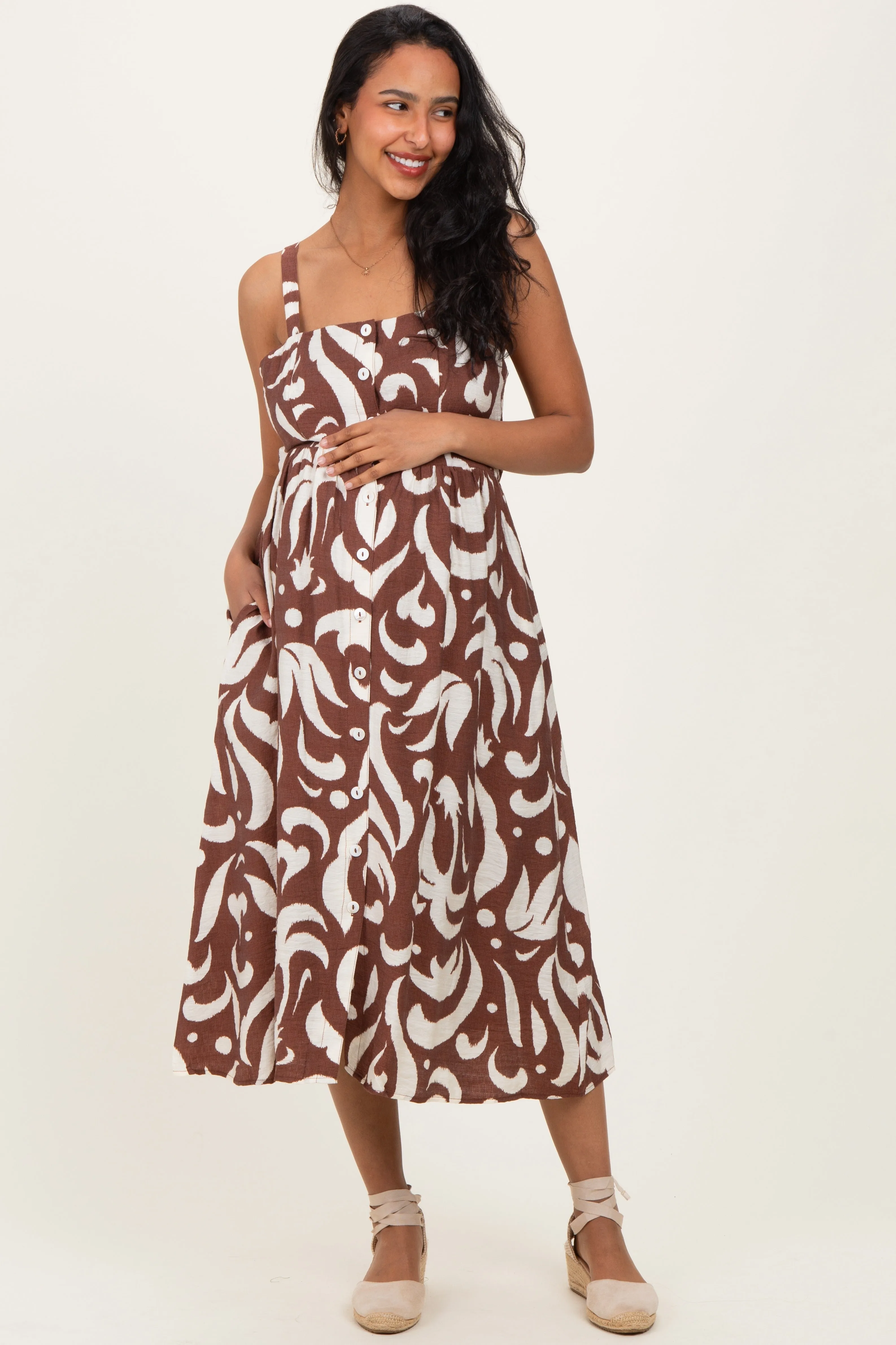 Brown Printed Button Down Sleeveless Maternity Midi Dress sold by Pinkblush