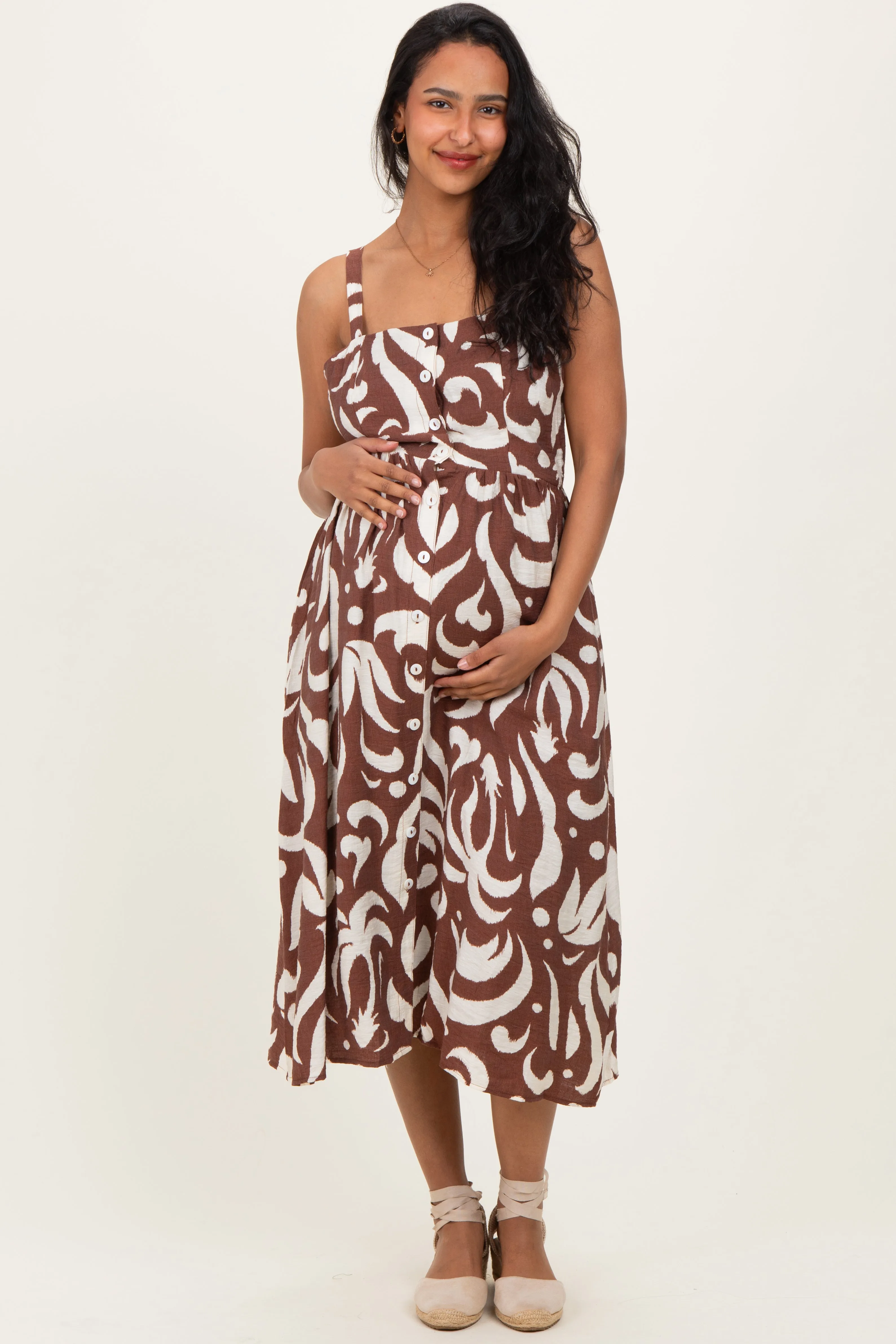 Brown Printed Button Down Sleeveless Maternity Midi Dress sold by Pinkblush product image thumbnail 2