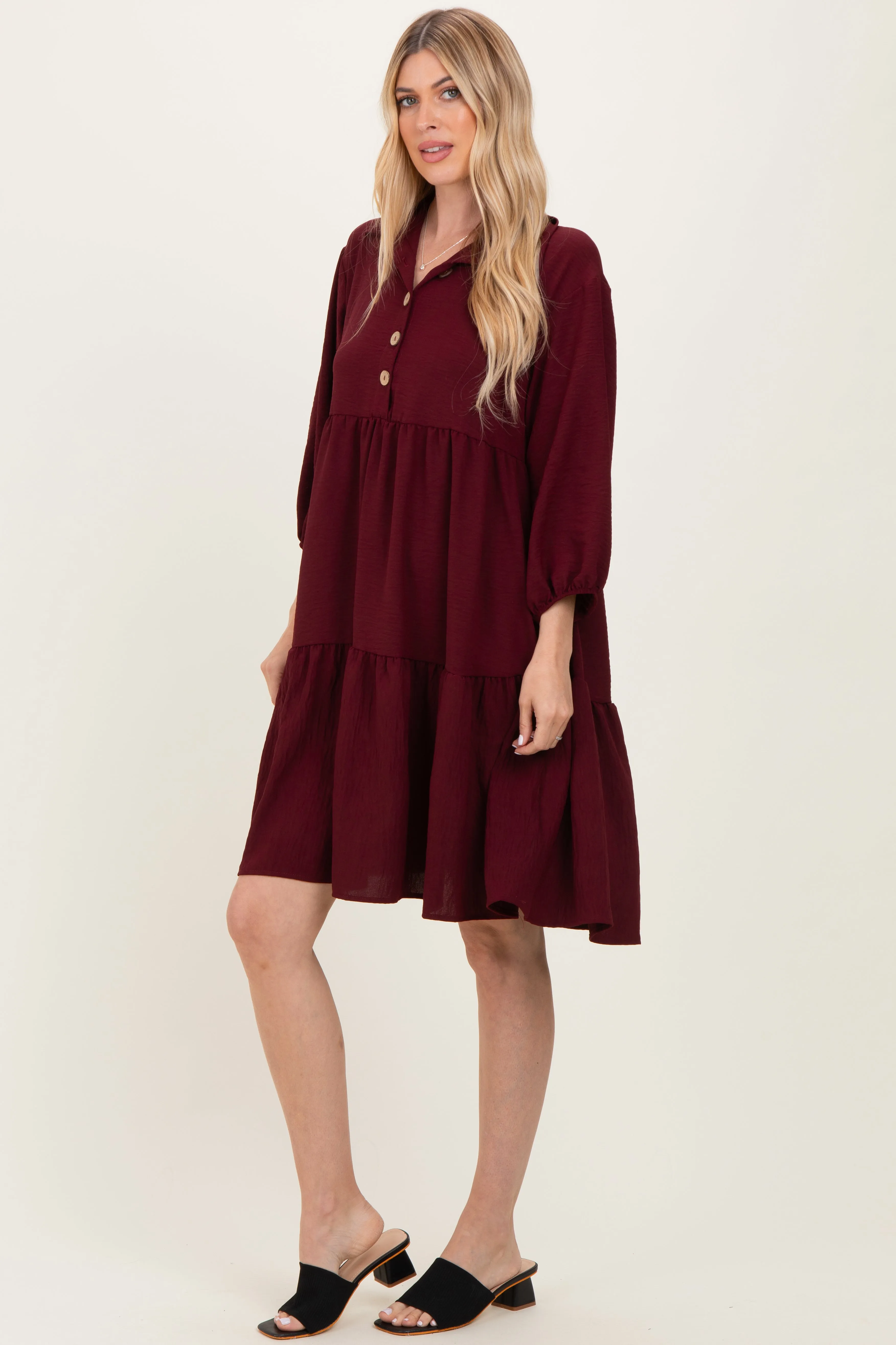 Burgundy Long Sleeve Button Down Collared Tiered Dress sold by Pinkblush product image thumbnail 3