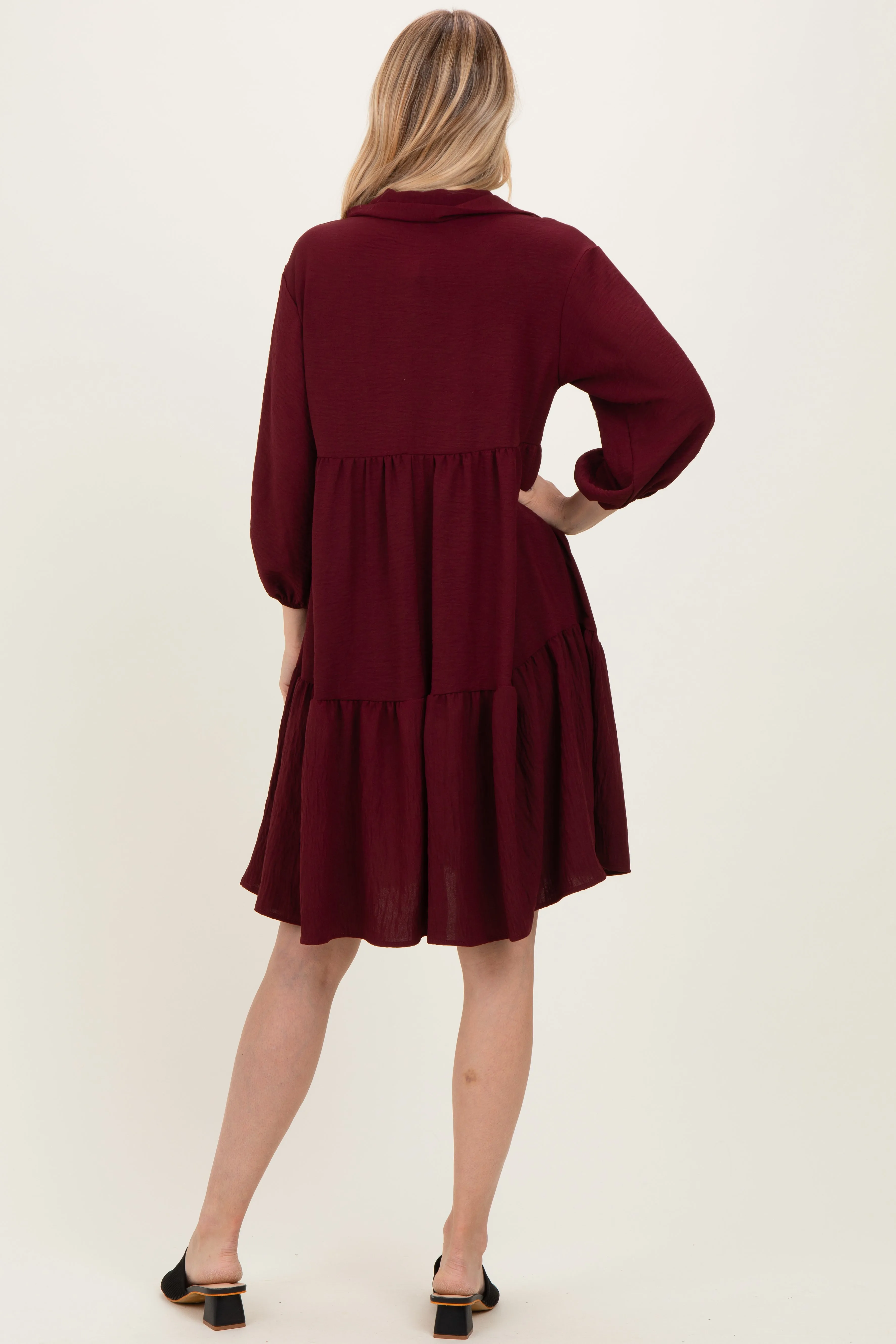Burgundy Long Sleeve Button Down Collared Tiered Dress sold by Pinkblush product image thumbnail 4