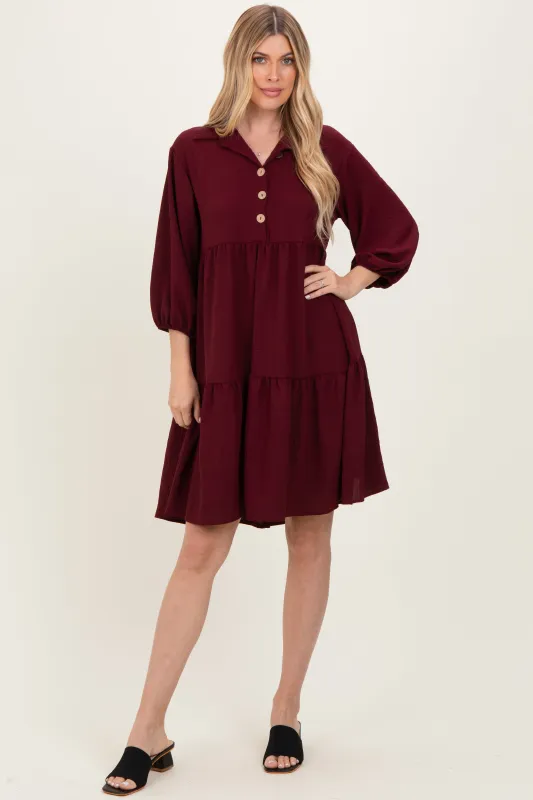 Burgundy Long Sleeve Button Down Collared Tiered Dress made by Pinkblush