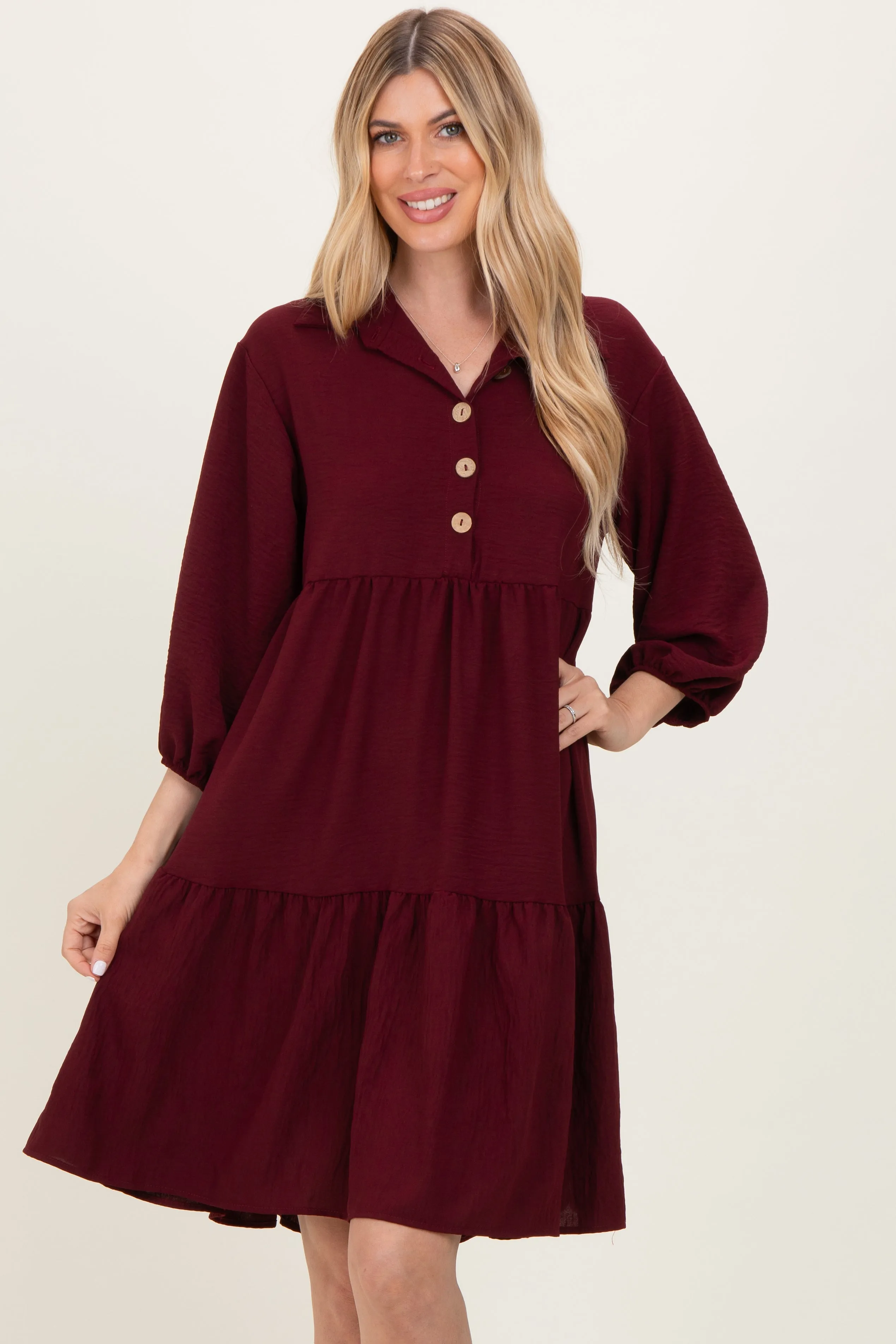 Burgundy Long Sleeve Button Down Collared Tiered Dress sold by Pinkblush product image thumbnail 2