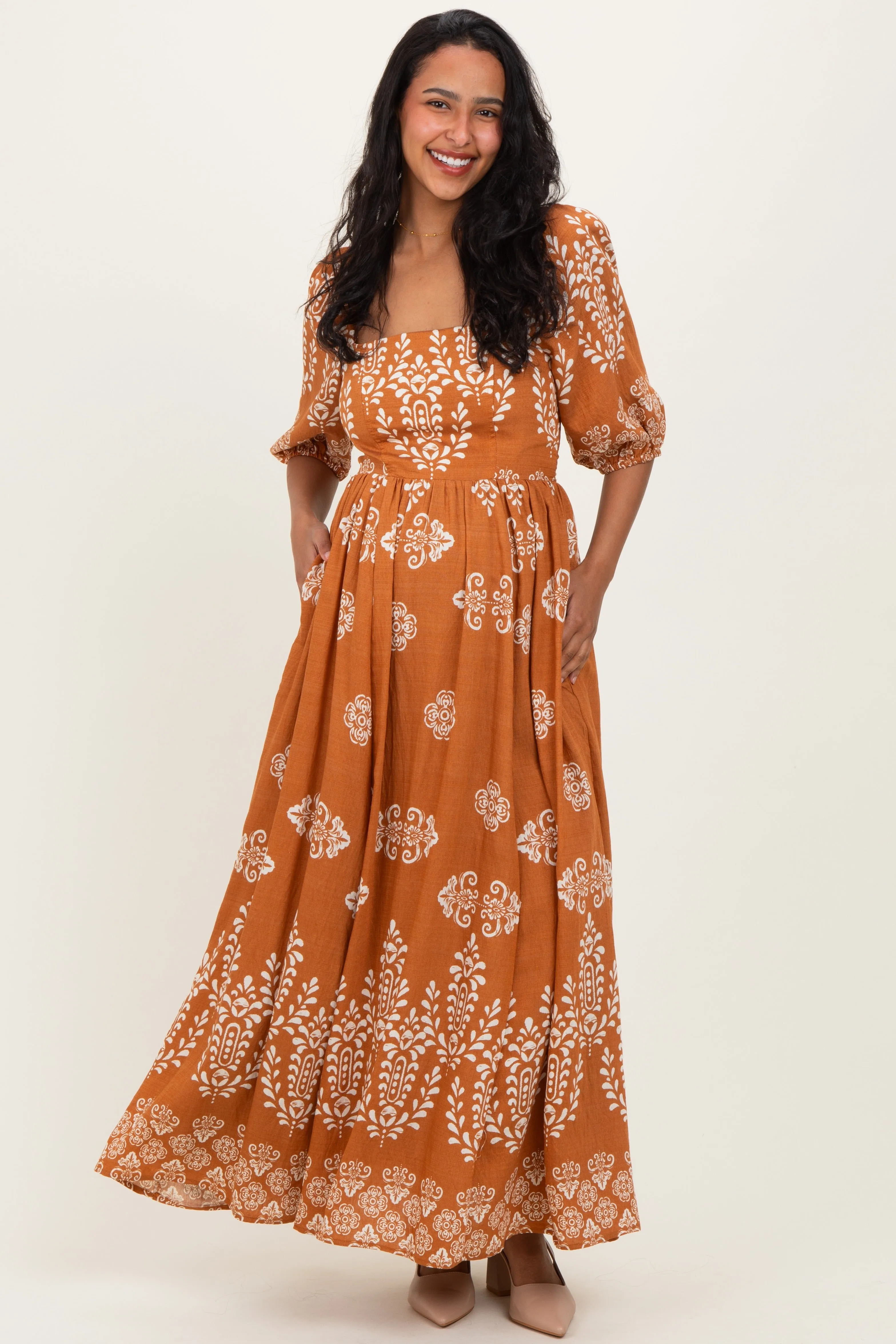 Amber Damask Print Short Sleeve Maternity Maxi Dress sold by Pinkblush