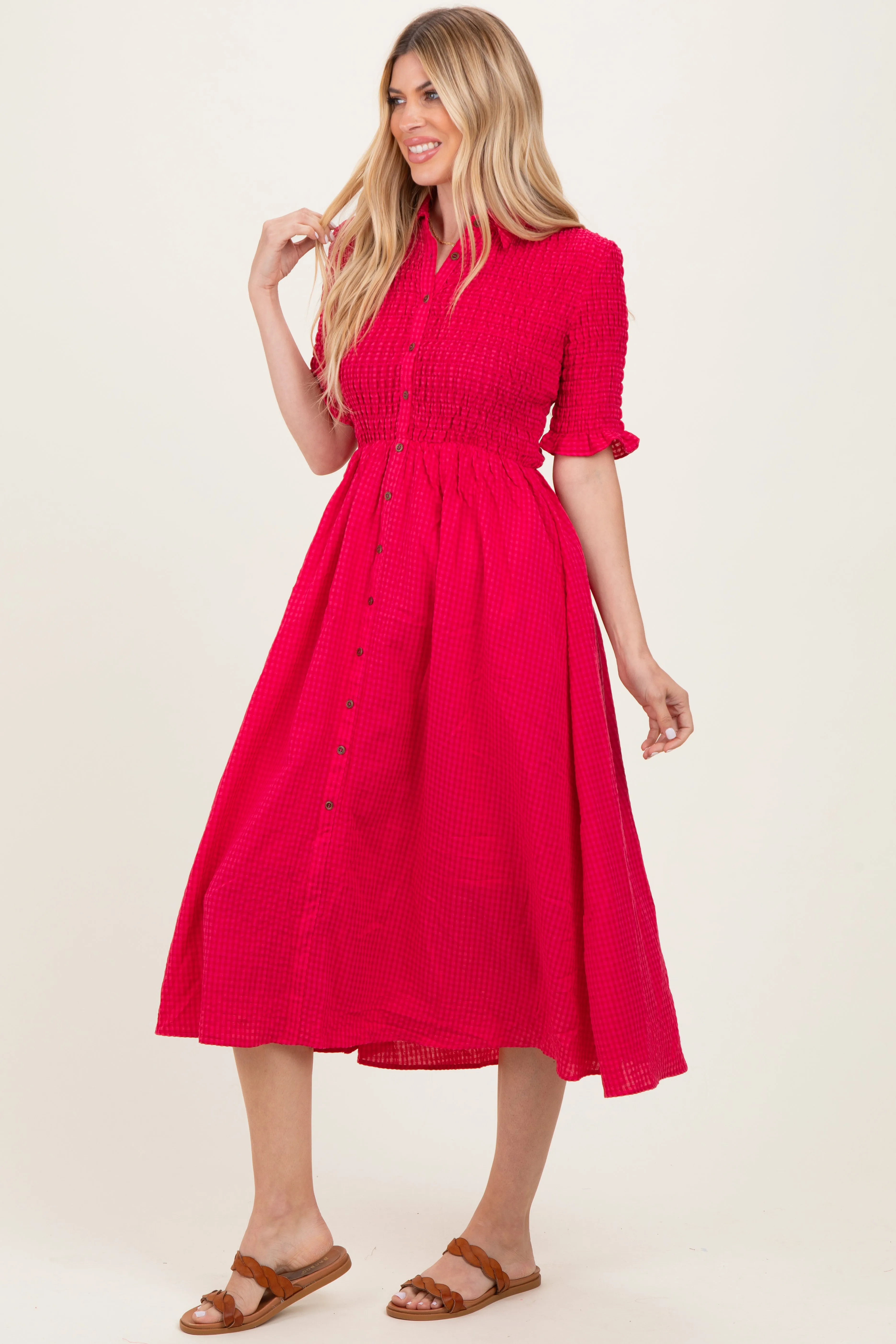 Red Gingham Smocked Button Down Midi Dress sold by Pinkblush product image thumbnail 3