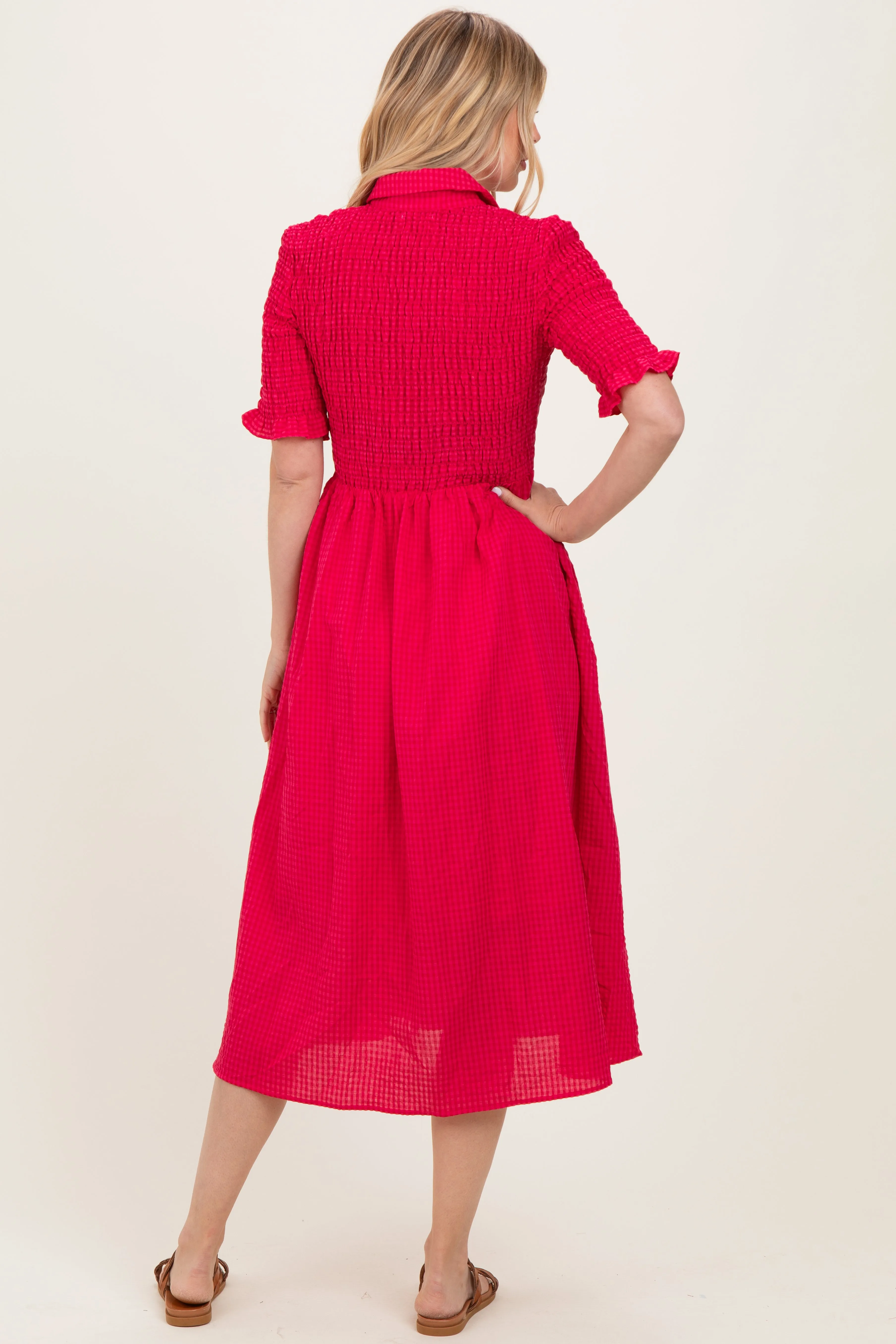 Red Gingham Smocked Button Down Midi Dress sold by Pinkblush product image thumbnail 4