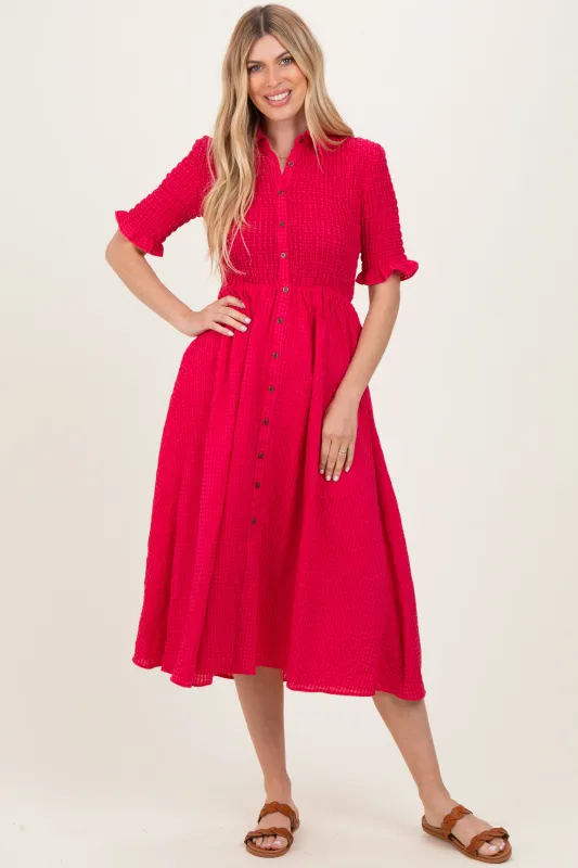 Red Gingham Smocked Button Down Midi Dress sold by Pinkblush