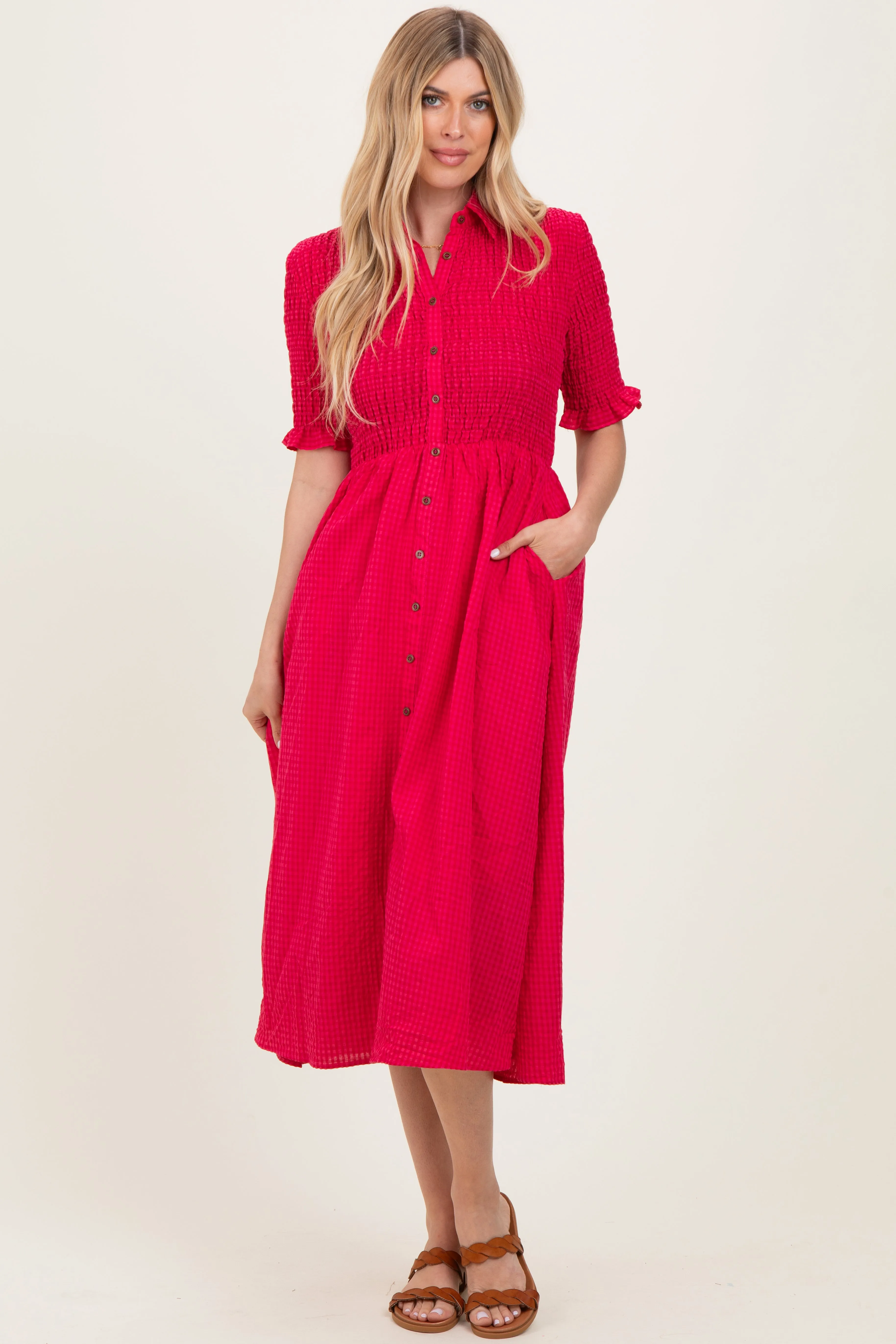 Red Gingham Smocked Button Down Midi Dress sold by Pinkblush product image thumbnail 2