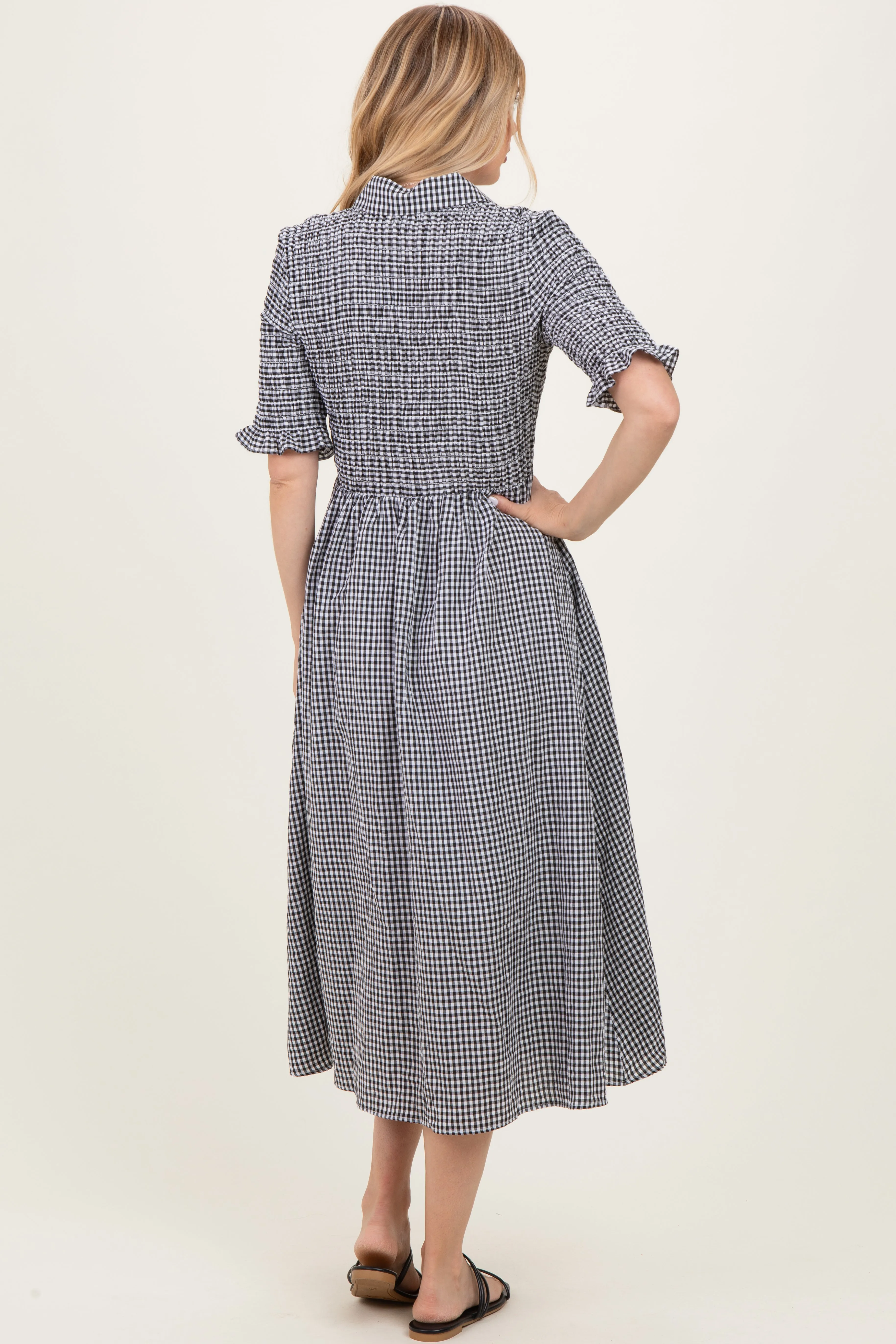 Black Gingham Smocked Button Down Midi Dress sold by Pinkblush product image thumbnail 3
