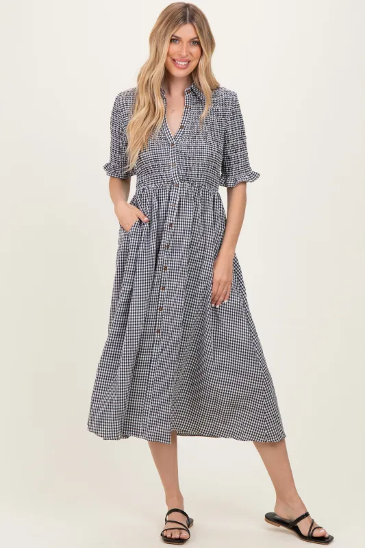 Black Gingham Smocked Button Down Midi Dress sold by Pinkblush