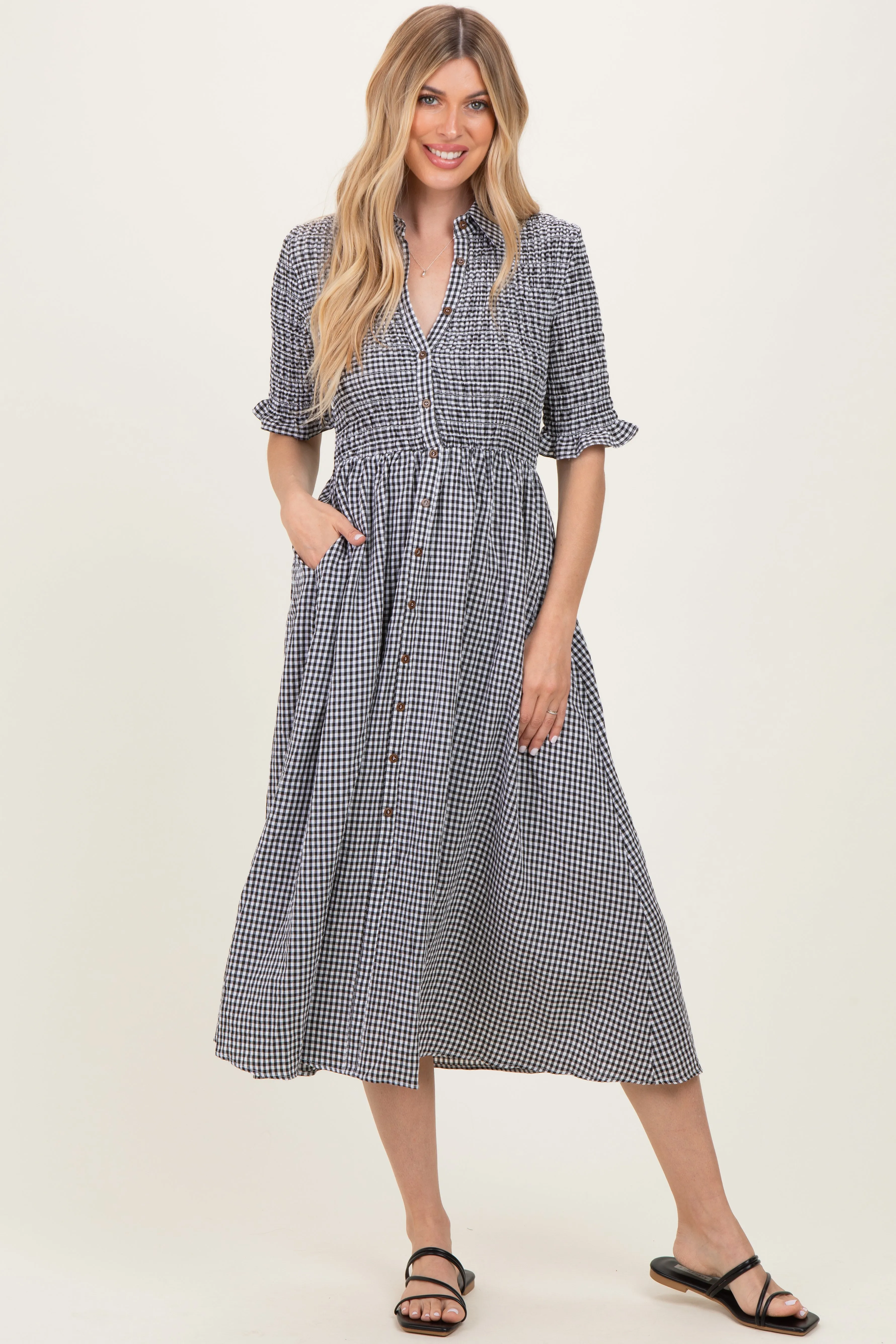 Black Gingham Smocked Button Down Midi Dress sold by Pinkblush